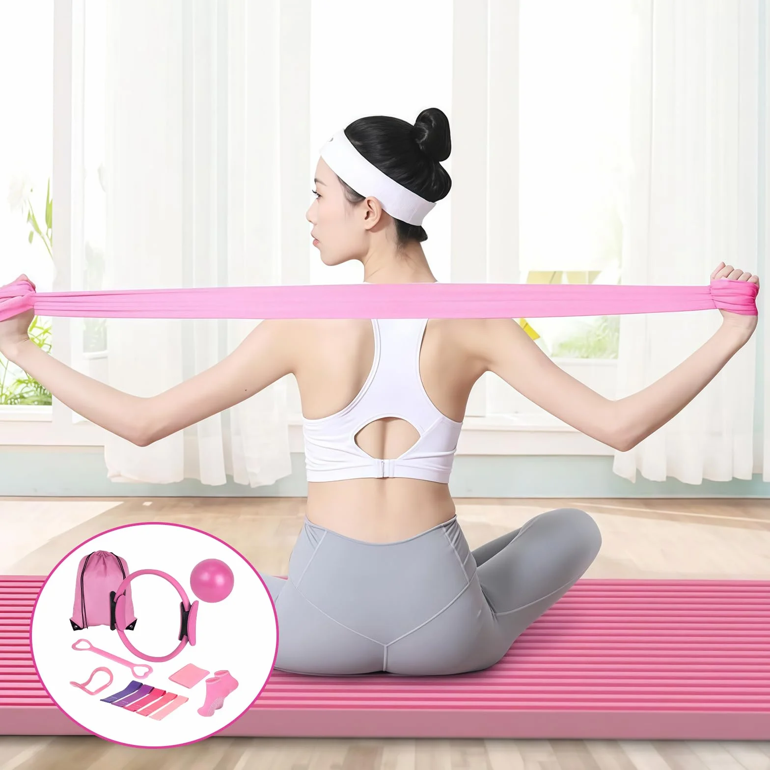 Leikurvo Kit de Pilates Essential de 13 pièces pour femme avec balle de Pilates, bandes de résistance, chaussettes, anneau de Pilates et accessoires pour étirement et fitness (rose)