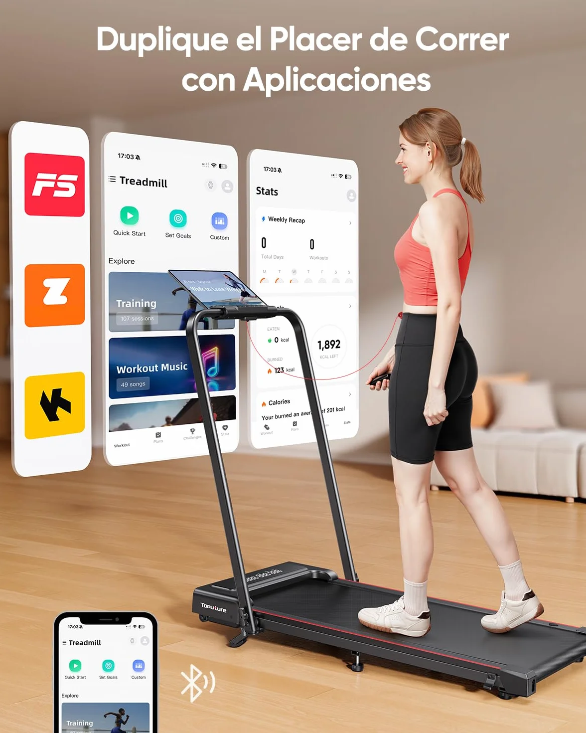 Tapis de Course, Inclinaison de 9%, 12km/h,électrique Pliable 4en1,Compact et Portable,2.5 HP, Peut être placé sous Le canapé,télécommande,APP,Double écran LED, adapté au Bureau à Domicile