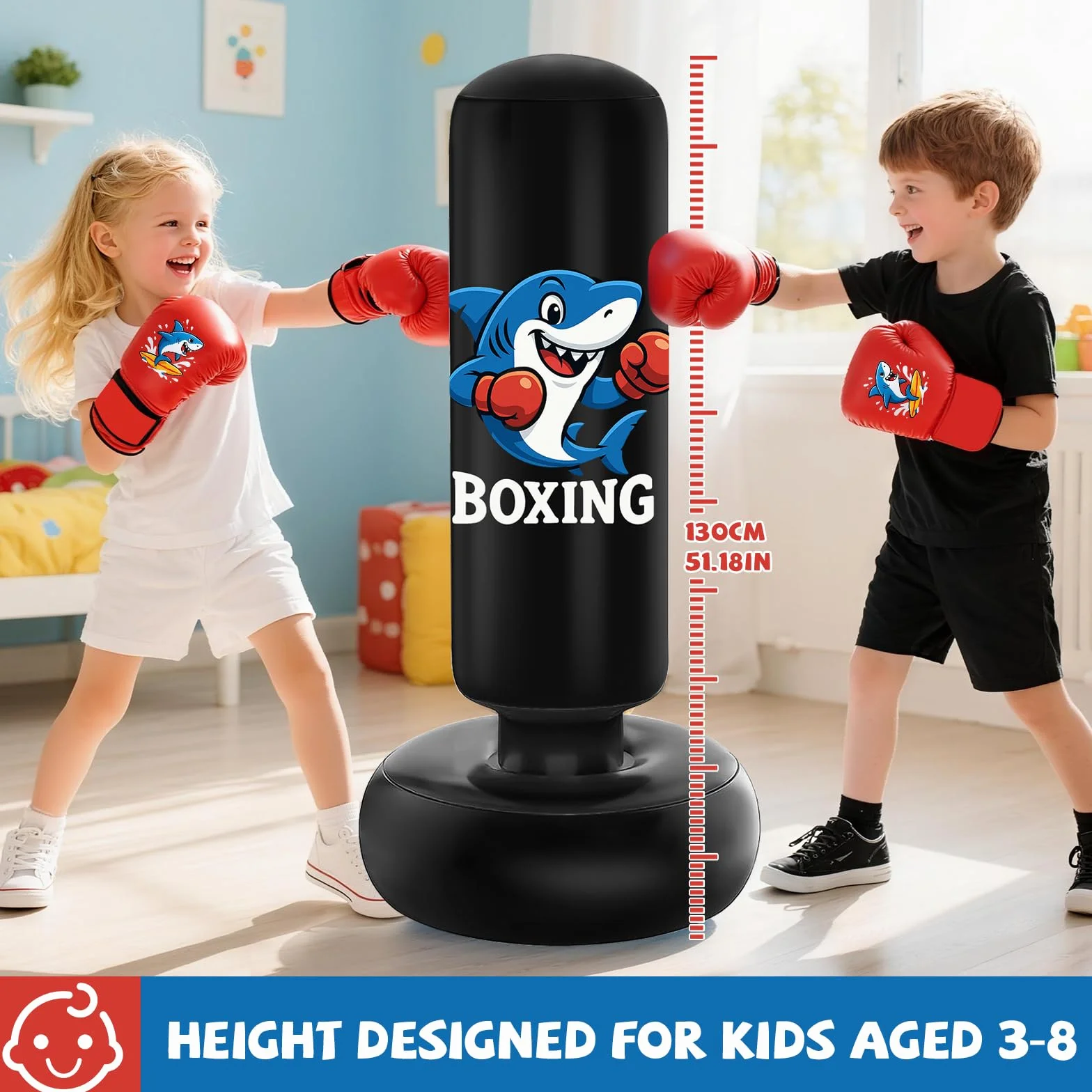 Qoosea Sac de Boxe pour Enfants 3 à 8 Ans, 130cm Gonflable Sac de Frappe sur Pied, Sac de Boxe Set de Formation avec Gants, Cadeau Parfait pour Garçons et Filles pour Karaté, Taekwondo