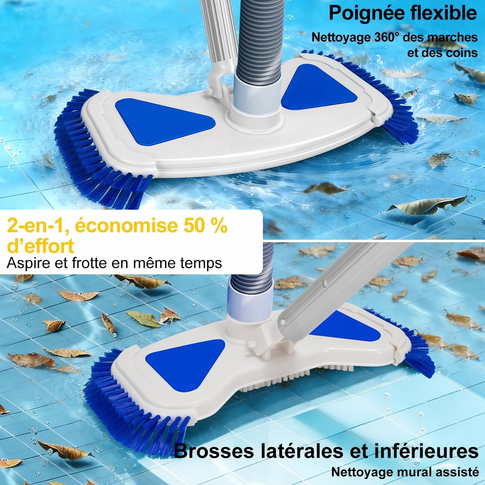 Brosse de Piscine avec Raccord d'Aspiration 35 cm, Tête d'Aspirateur de Fond, Raccord Rotatif 32-38 mm