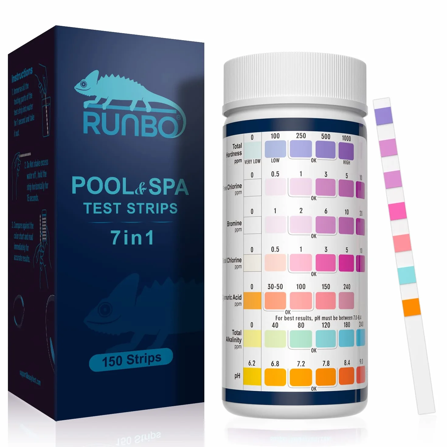 RUNBO 7 en 1 Testeur Eau Piscine Spa, 150 Tests Chlore Libre, Brome, pH, Alcalinité