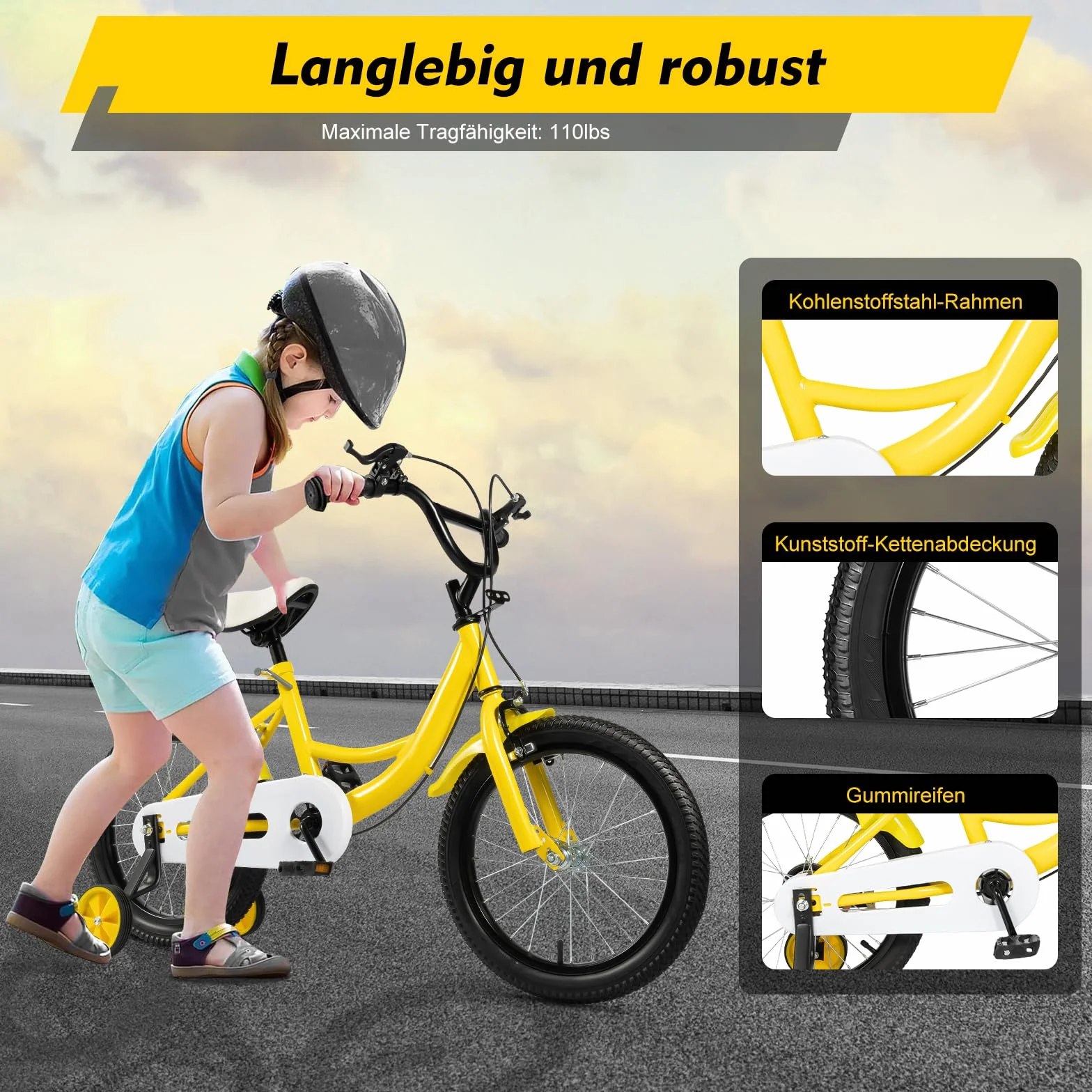 Vélo pour enfant de 16 pouces à partir de 5 à 8 ans - Vélo jaune avec garde-boue et frein avant et arrière combinés, en acier au carbone de qualité supérieure