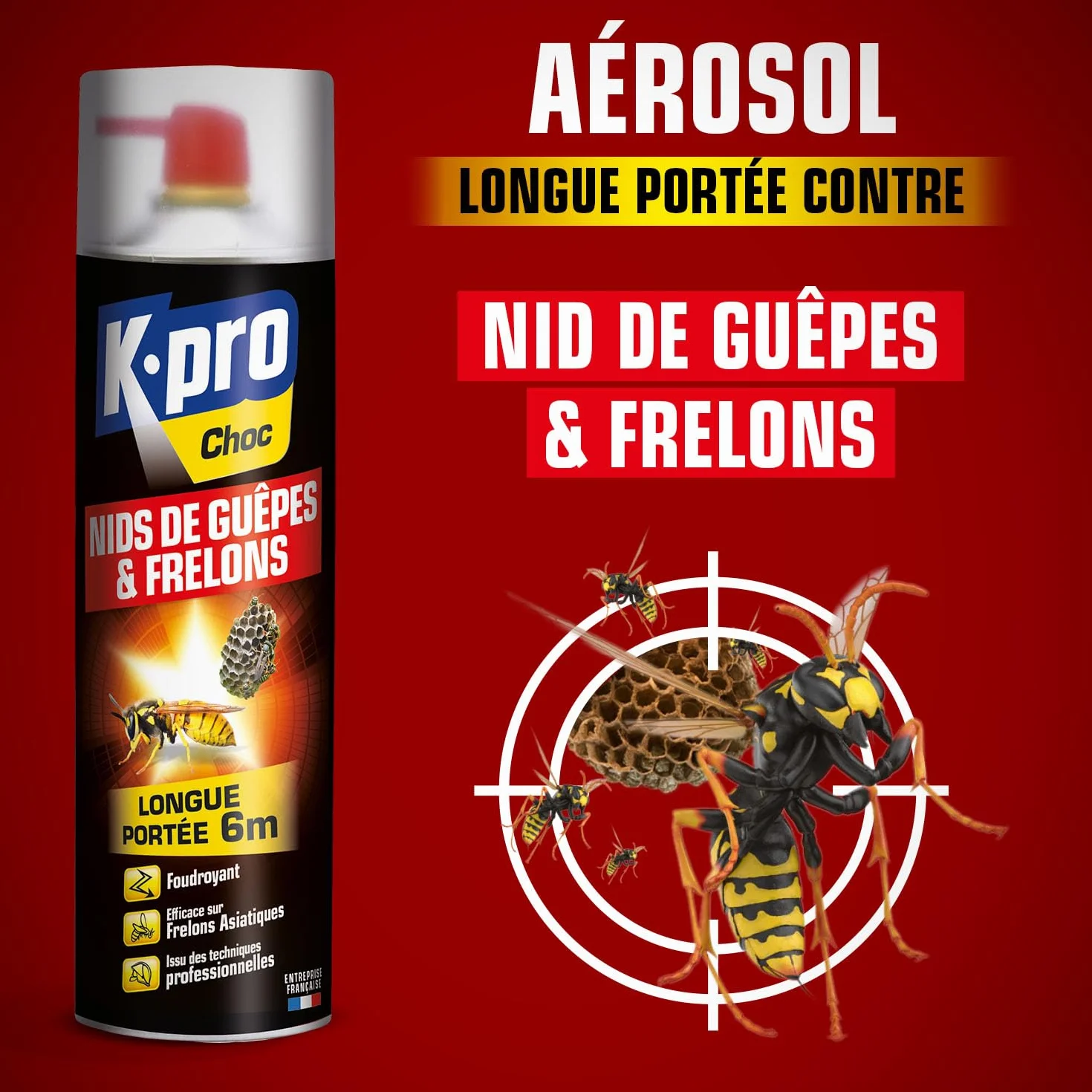 K.PRO Aérosol foudroyant choc nids de guêpes et frelons 500ml, Jet longue portée 6 mètres
