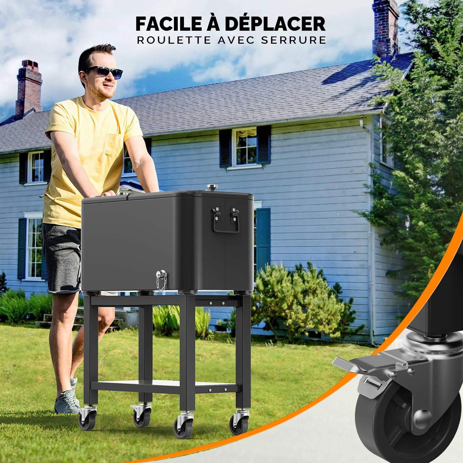 Bonnlo Glacière à roulettes 76 L Frigo Camping Jardin Chariot Frigorifique Ouvre-Bouteille Attrappe-Capsule