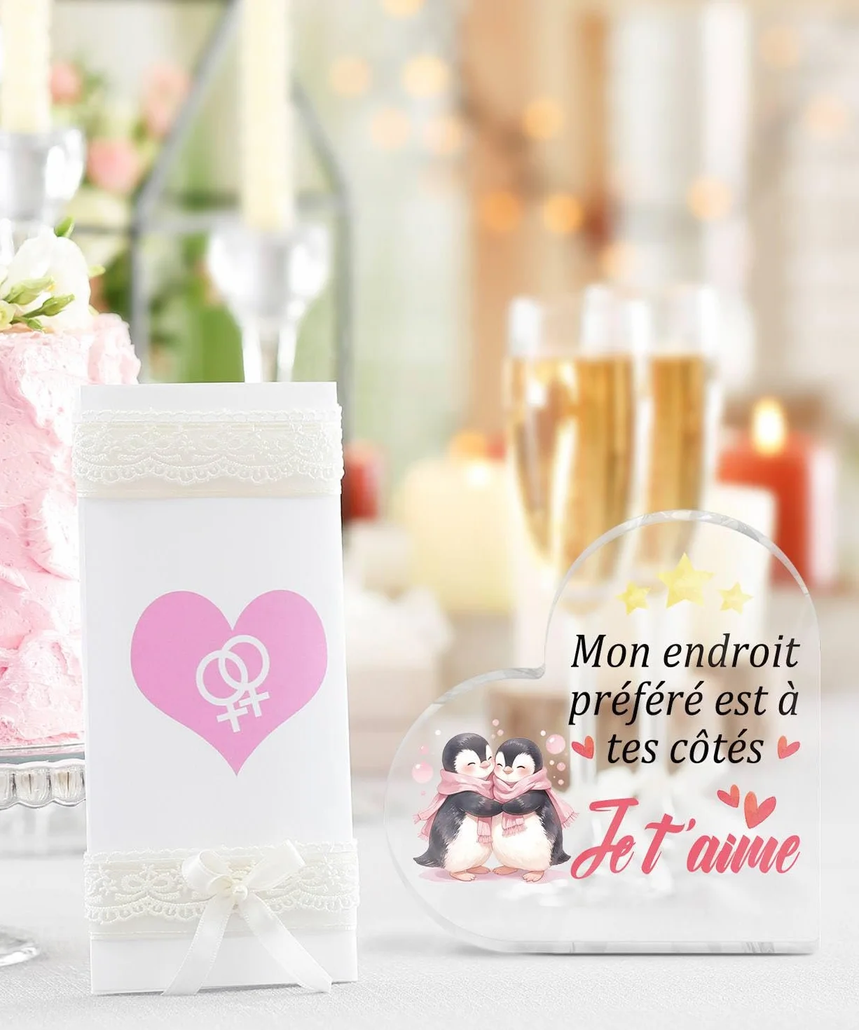 Panneau Acrylique Cœur Pingouins Je T’aime Décoration Cadeau Couple Saint-Valentin