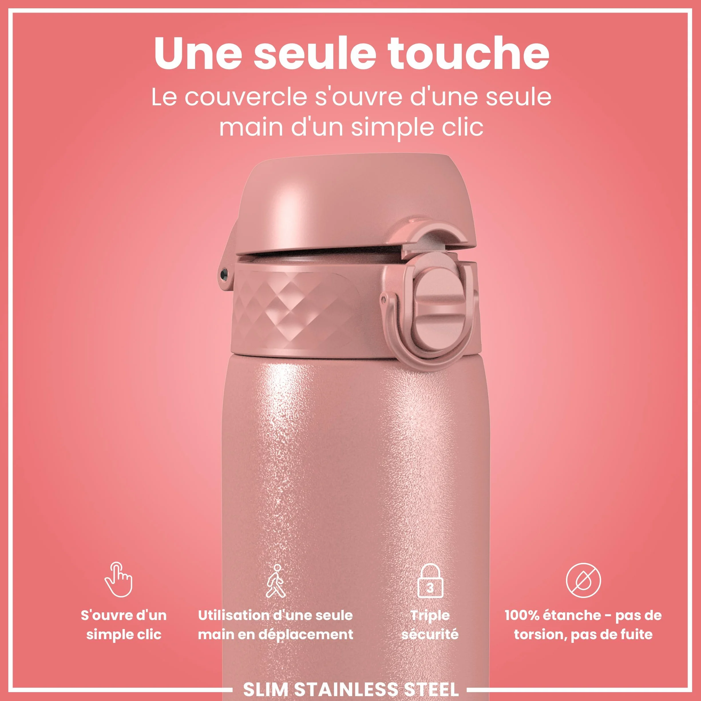 Ion8 Gourde Inox Léger, 600ml, Non Isolé, Anti-Fuite, Facile à Ouvrir, Verrouillage Sécurisé, Lavable au Lave-Vaisselle, Poignée de Transport, Durable, Acier Inoxydable, Rose Cendré