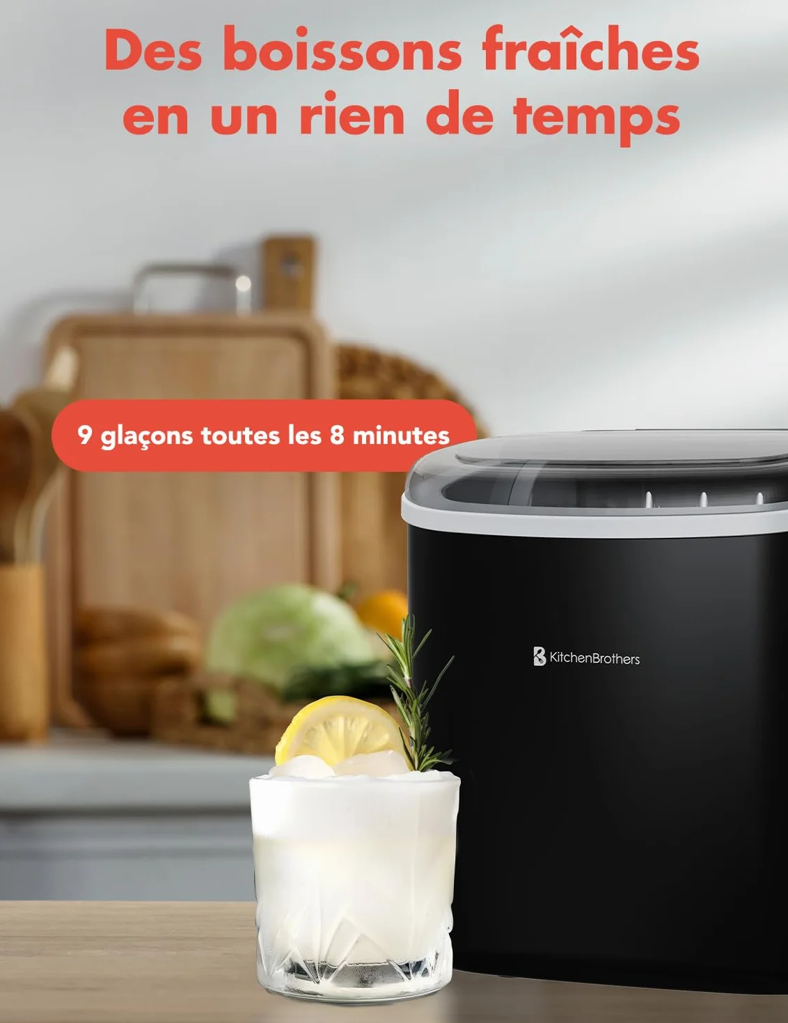 KitchenBrothers Machine à Glaçons Professionnel 12KG/24h 1,2L Portable avec Poignée
