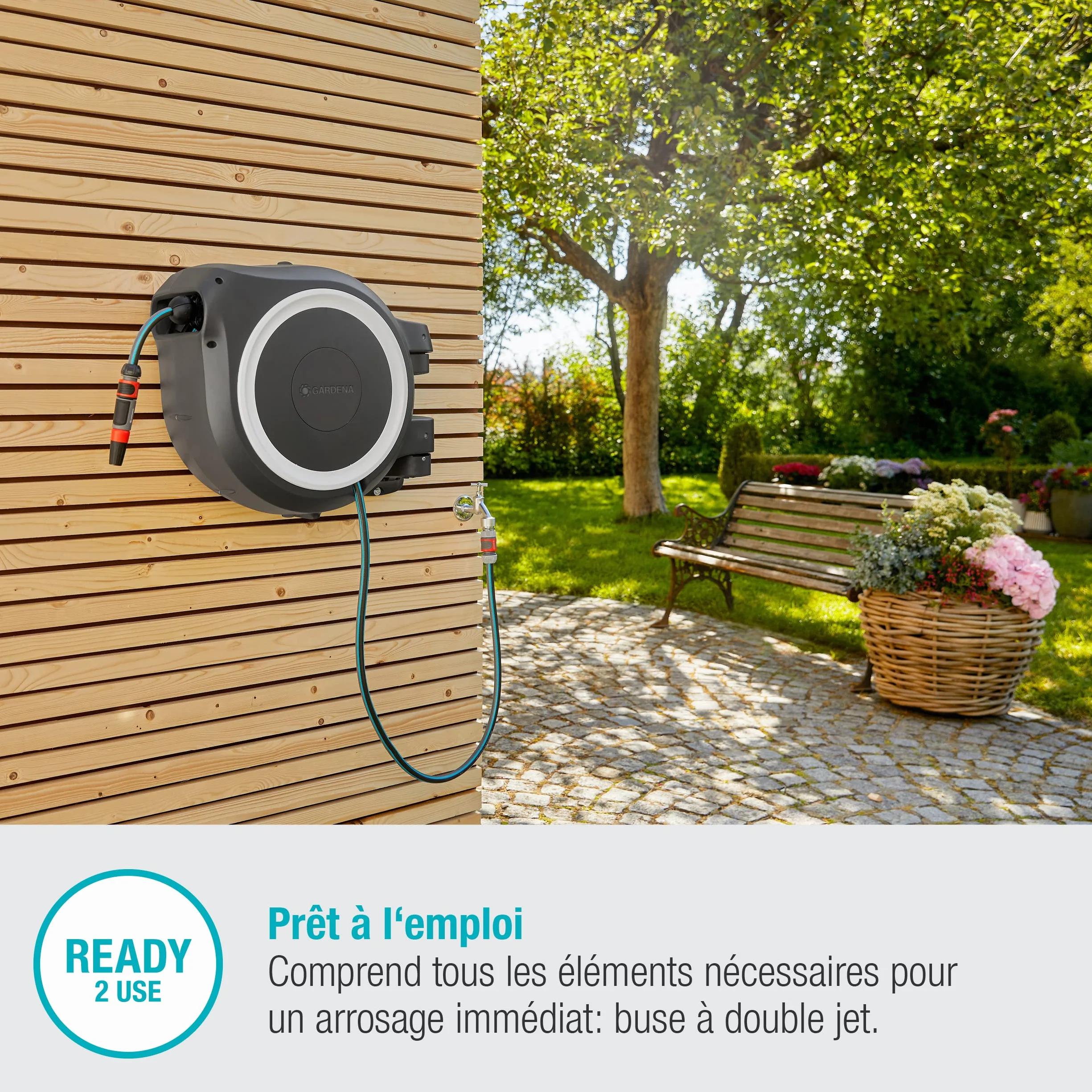 Gardena Enrouleur de Tuyau Mural Rollup L 30m Ø13mm Dévidoir pivotant 180° Kit Complet Lance Raccord Tuyau Support Mural Inclus