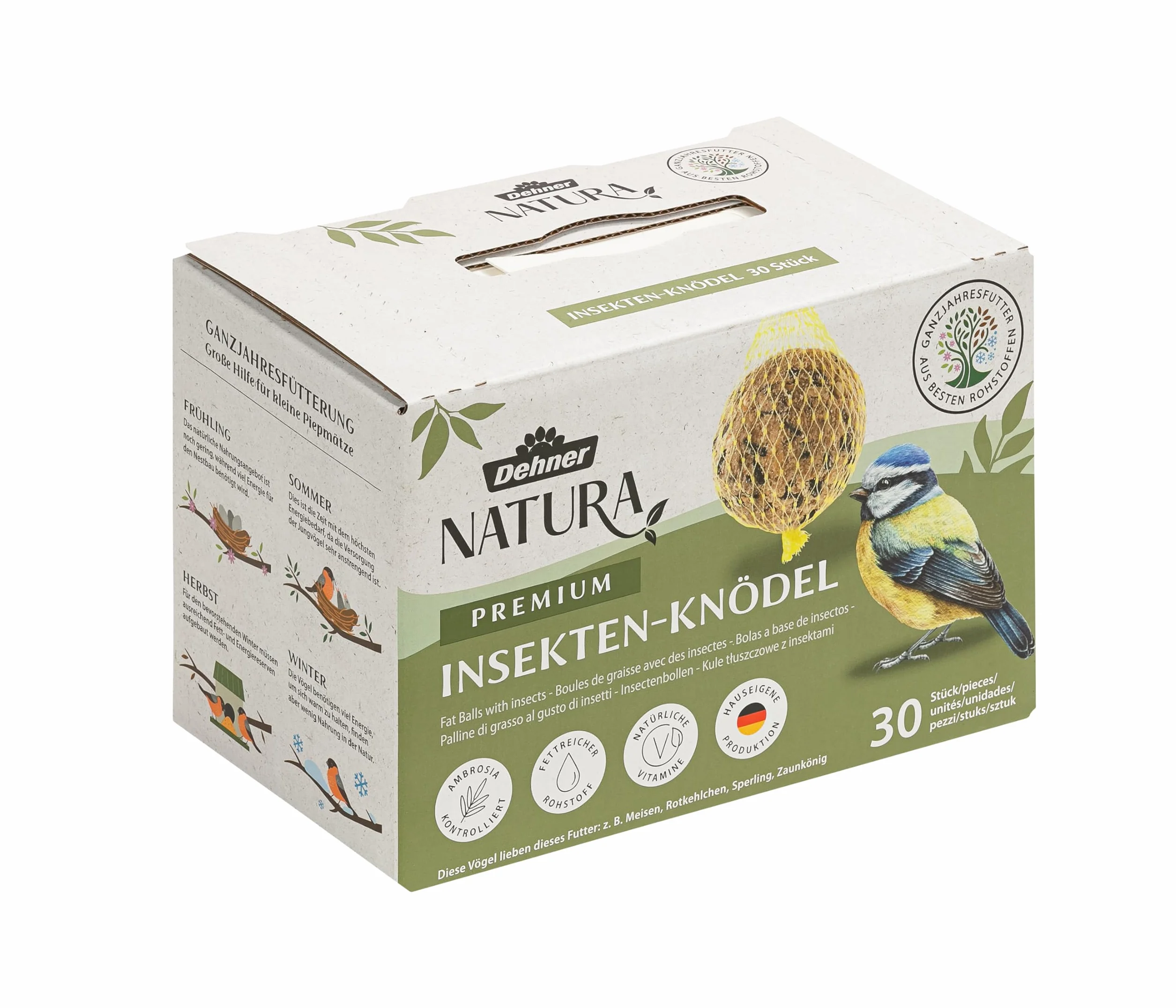 Dehner Natura Premium Nourriture pour Oiseaux Sauvages, Boules de Graisse aux Insectes avec Filet, 30 x 90 g (2,7 kg)