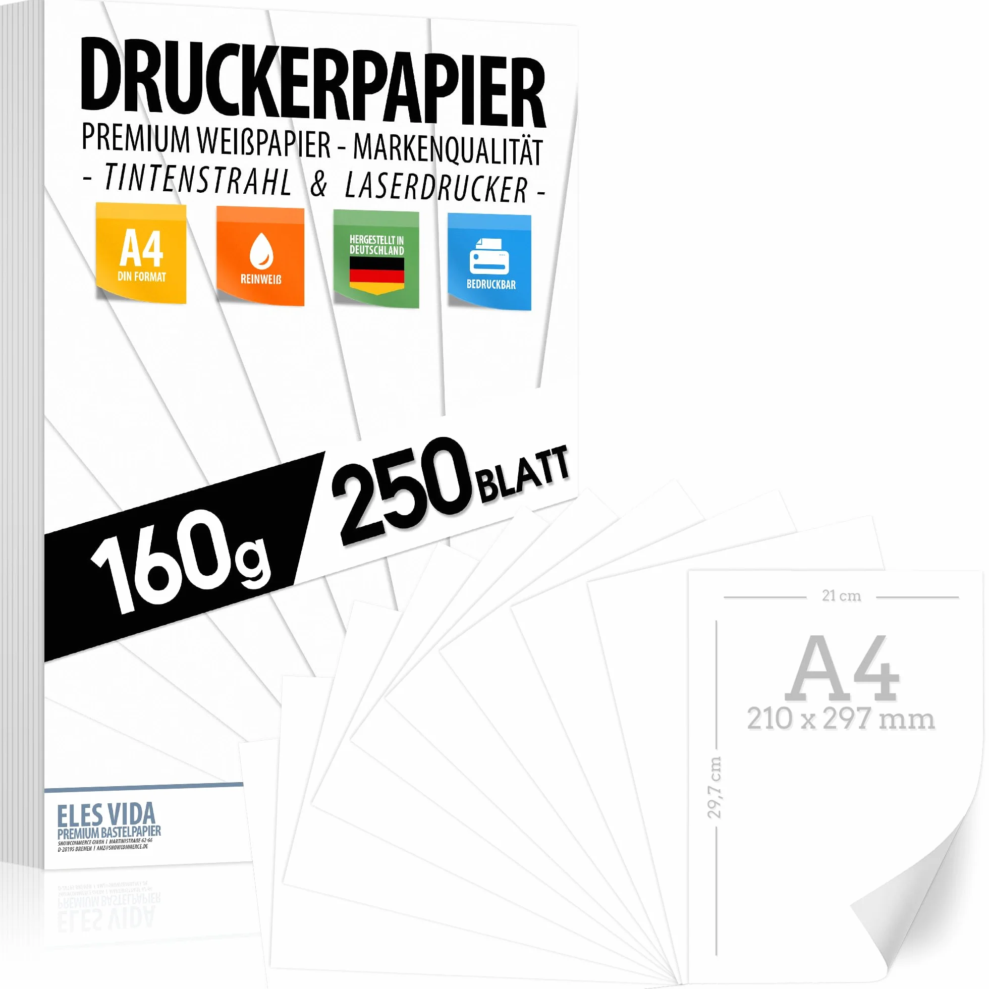 Papier à dessin A4 160 g blanc pur Lot de 250 feuilles 21 x 29,7 cm