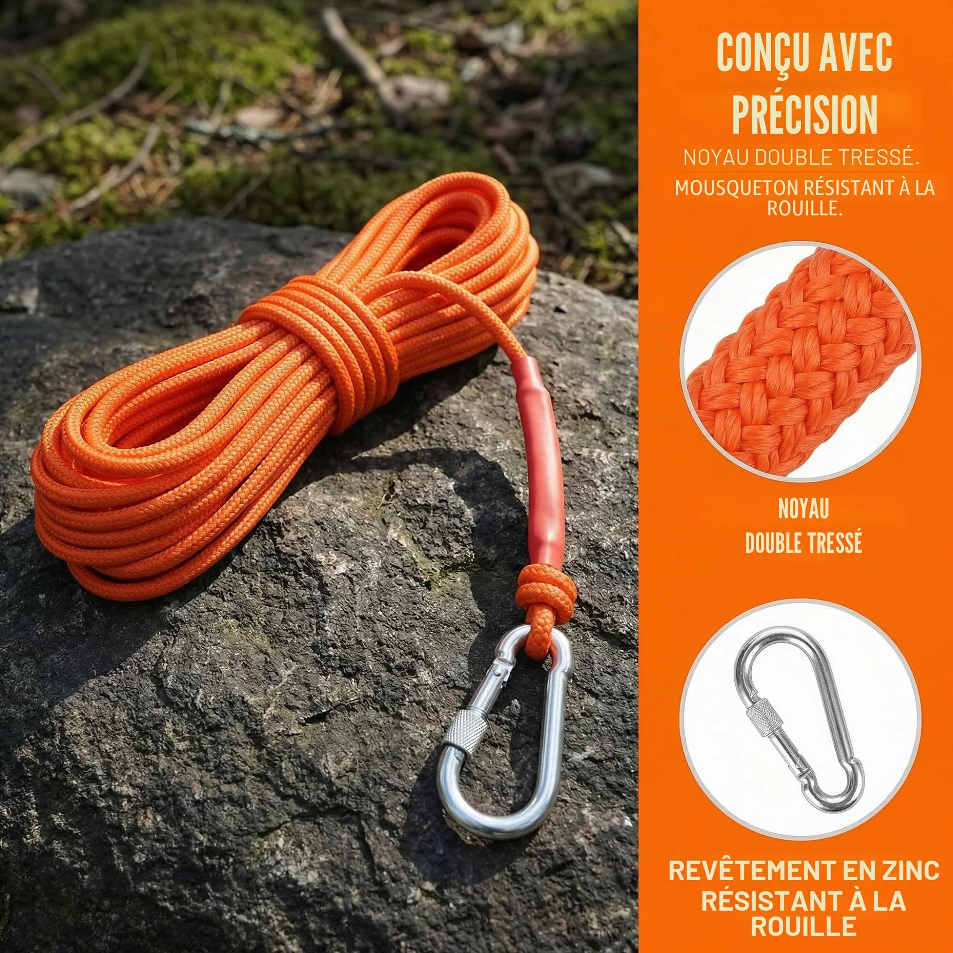 Corde Tressée Polypropylène avec Mousqueton Anti-Corrosion pour Escalade Pêche Alpinisme