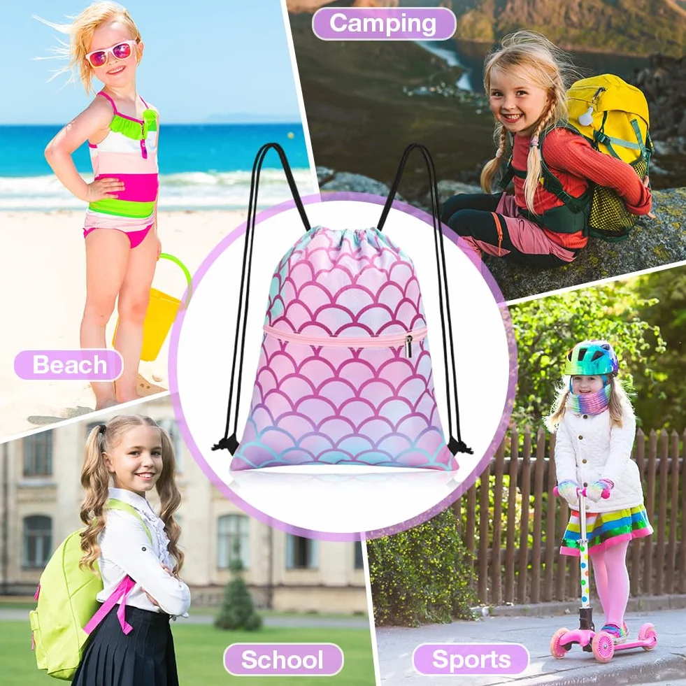 Sac à dos à Cordon pour Enfants, Sac de Sport pour Filles avec Poche Zippée Imperméable