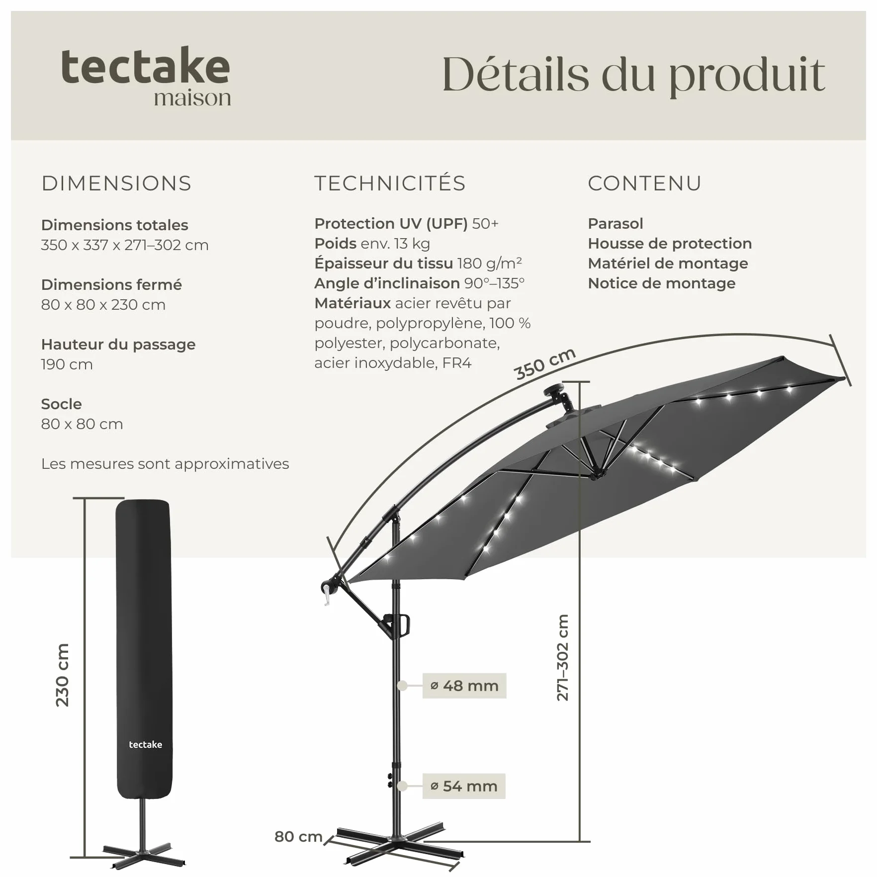 Tectake Parasol déporté 3,5 x 3,5 m avec Éclairage LED Pivotant 360° Inclinable UV 50+ Panneau solaire Jardin Terrasse
