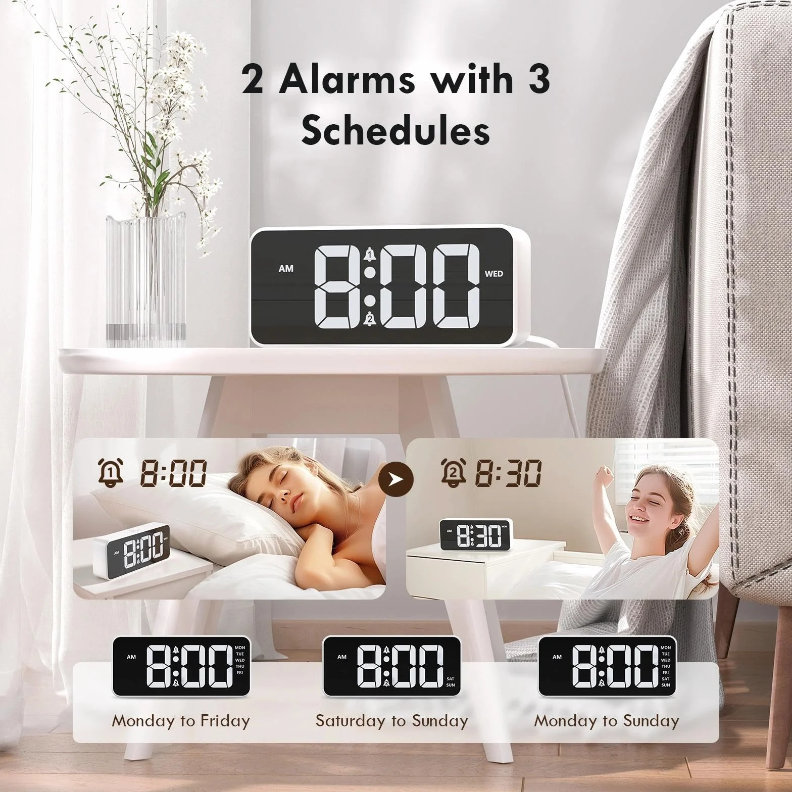 Réveil Numérique avec Grand écran LED, Double Alarme, Snooze, 10 Sonneries, Luminosité et Volume Réglables, 12/24H