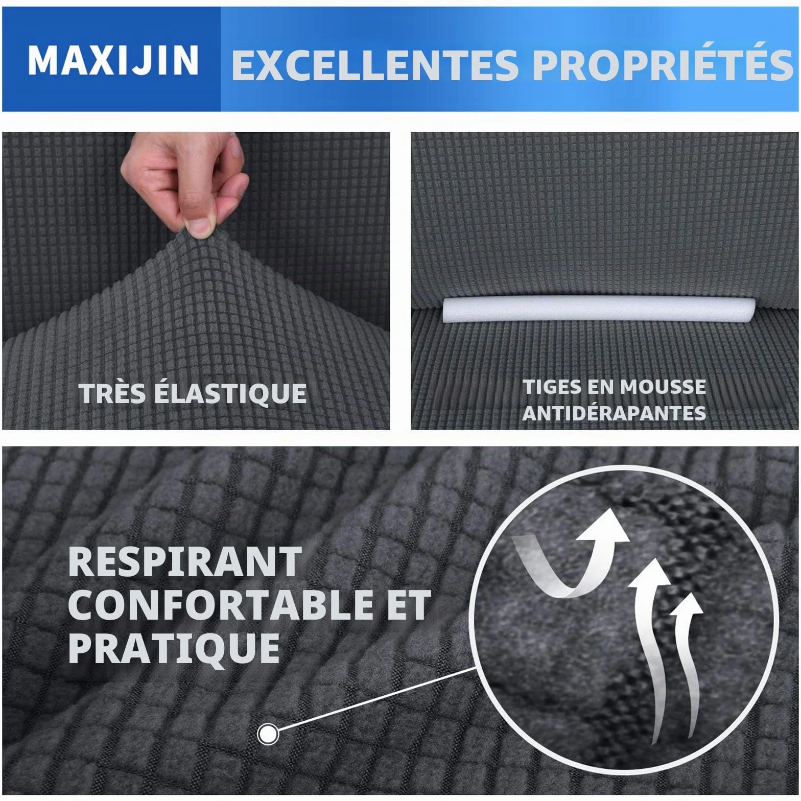 MAXIJIN Housse de canapé extensible 3 places Gris, housse universelle jacquard protecteur pour salon, pet friendly