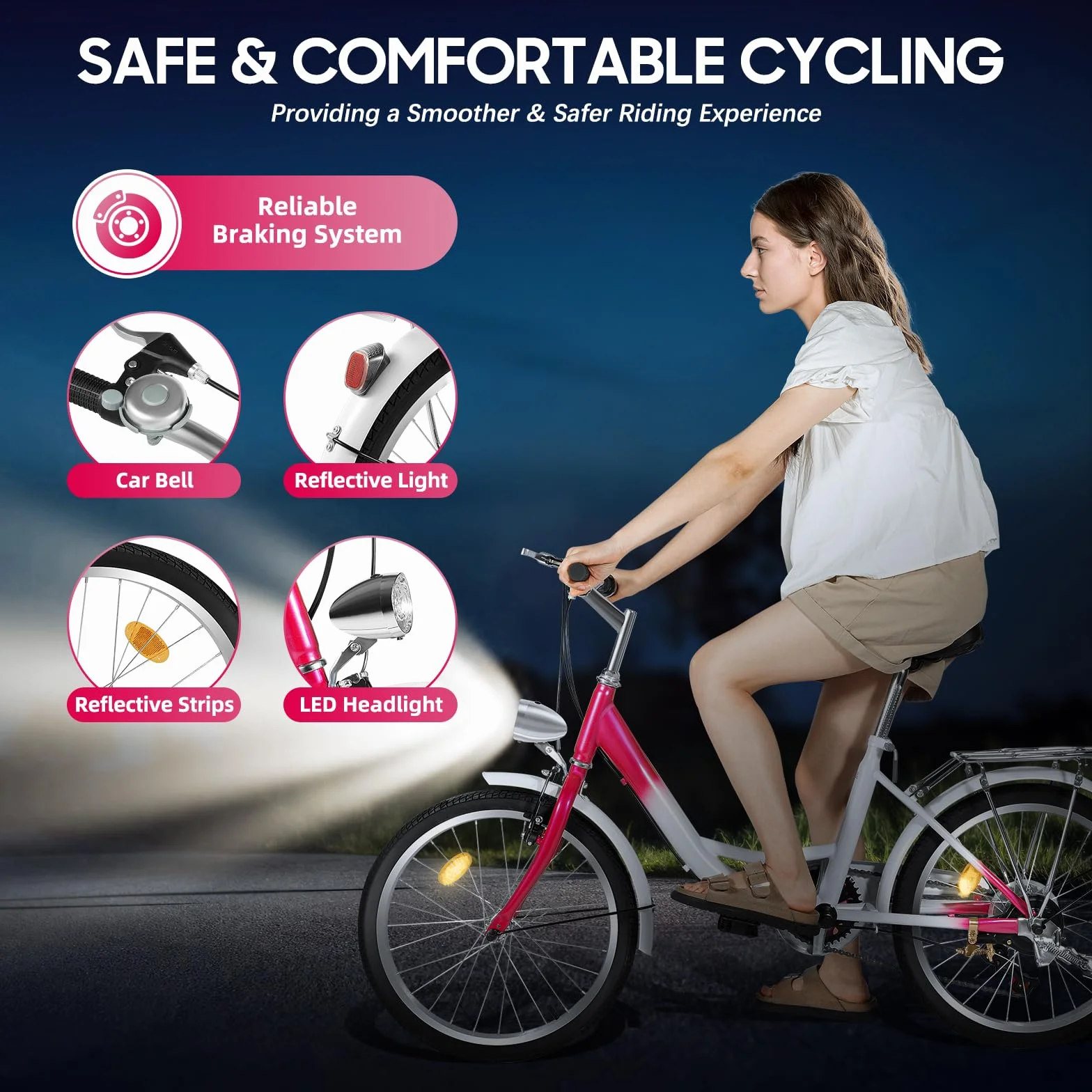 Vélo 20 pouces fille 6 vitesses freins doubles rose blanc