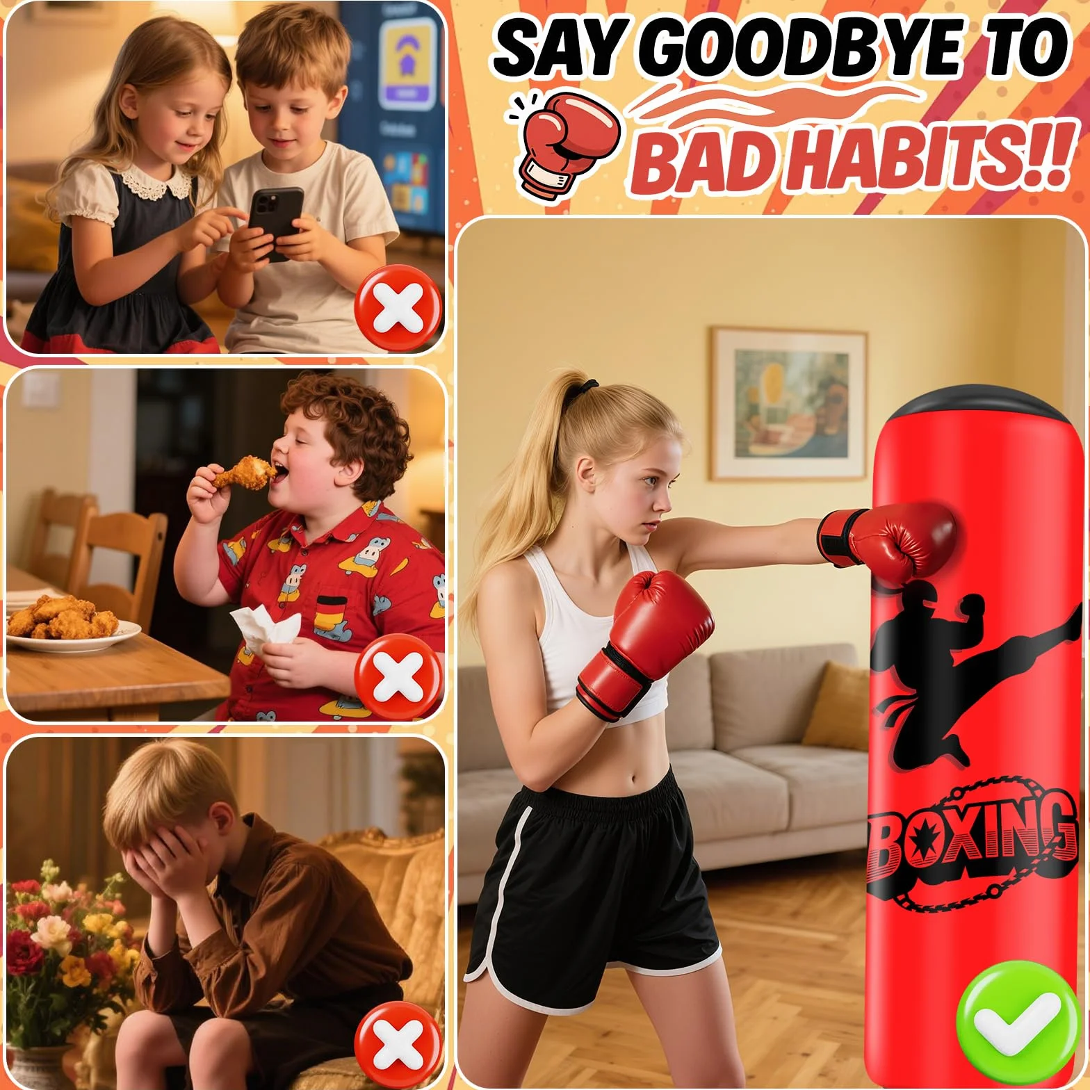 Sac de Frappe Enfant 160CM Ninonly Punching Ball Enfants avec Gants de Boxe Ultra-Résistant PVC Gonflable Sac de Boxe Cadeaux pour GarçOns et Filles 3-12 Ans pour Pratique du Karaté, Taekwondo