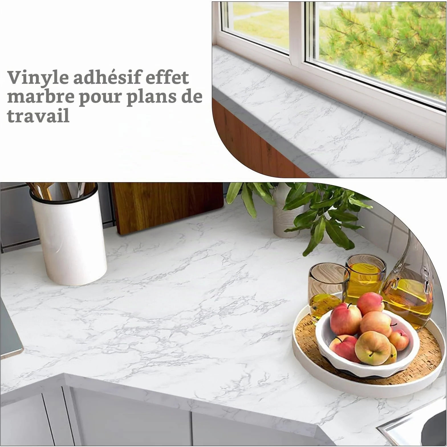 Papier Adhésif Marbre Blanc Rouleau Vinyle Imperméable 30x200cm pour Meuble Cuisine