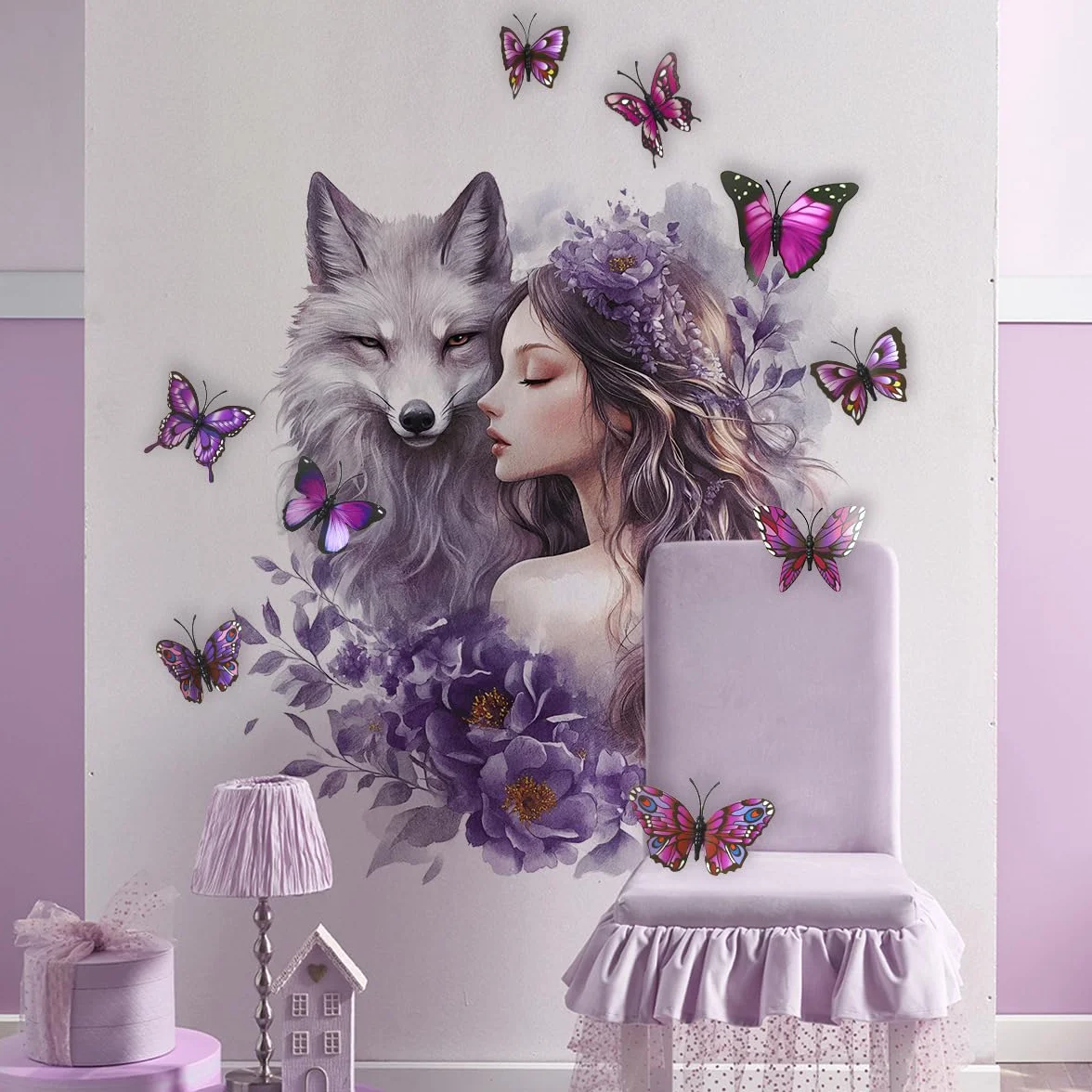 Autocollants muraux 3D loup papillon fleurs fée décoration chambre enfant