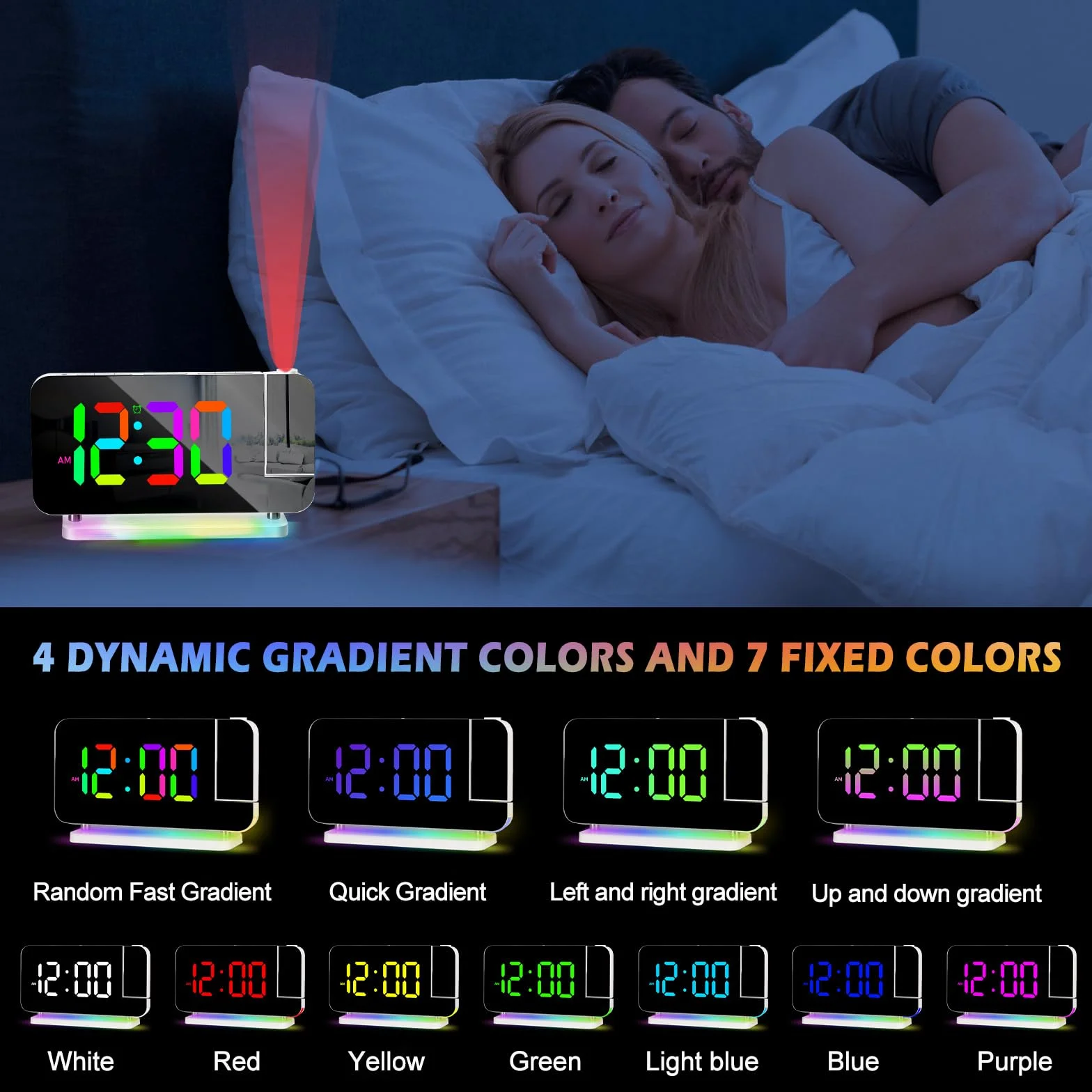 PORFOYO Réveil avec projection LED RVB, horloge miroir, veilleuse 10 couleurs, projecteur 180°, USB-C