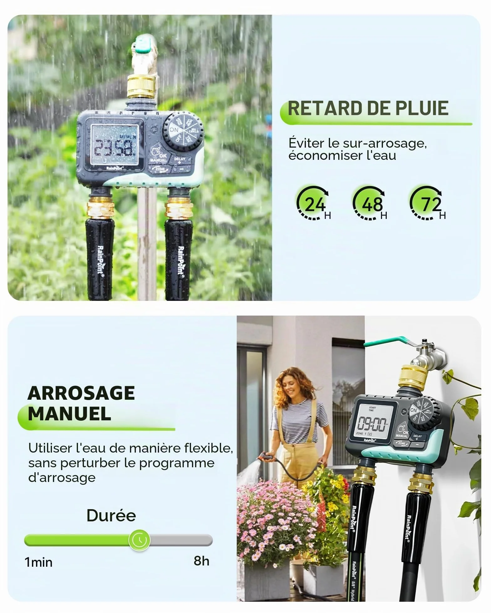 RAINPOINT Programmateur Arrosage 2 Voies Laiton IP65 Minuteur Automatique