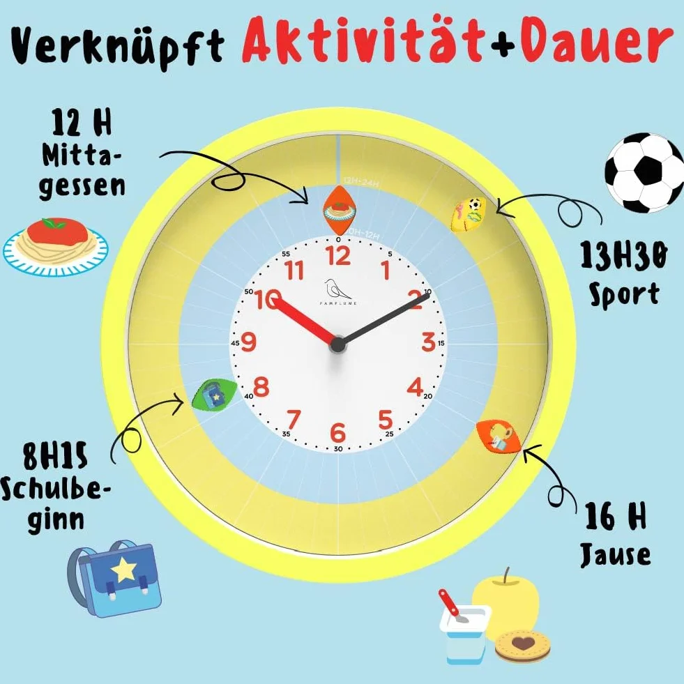 Horloge d'apprentissage pour Enfant, 60 Magnets Activités, 7 Magnets Timer, Jaune