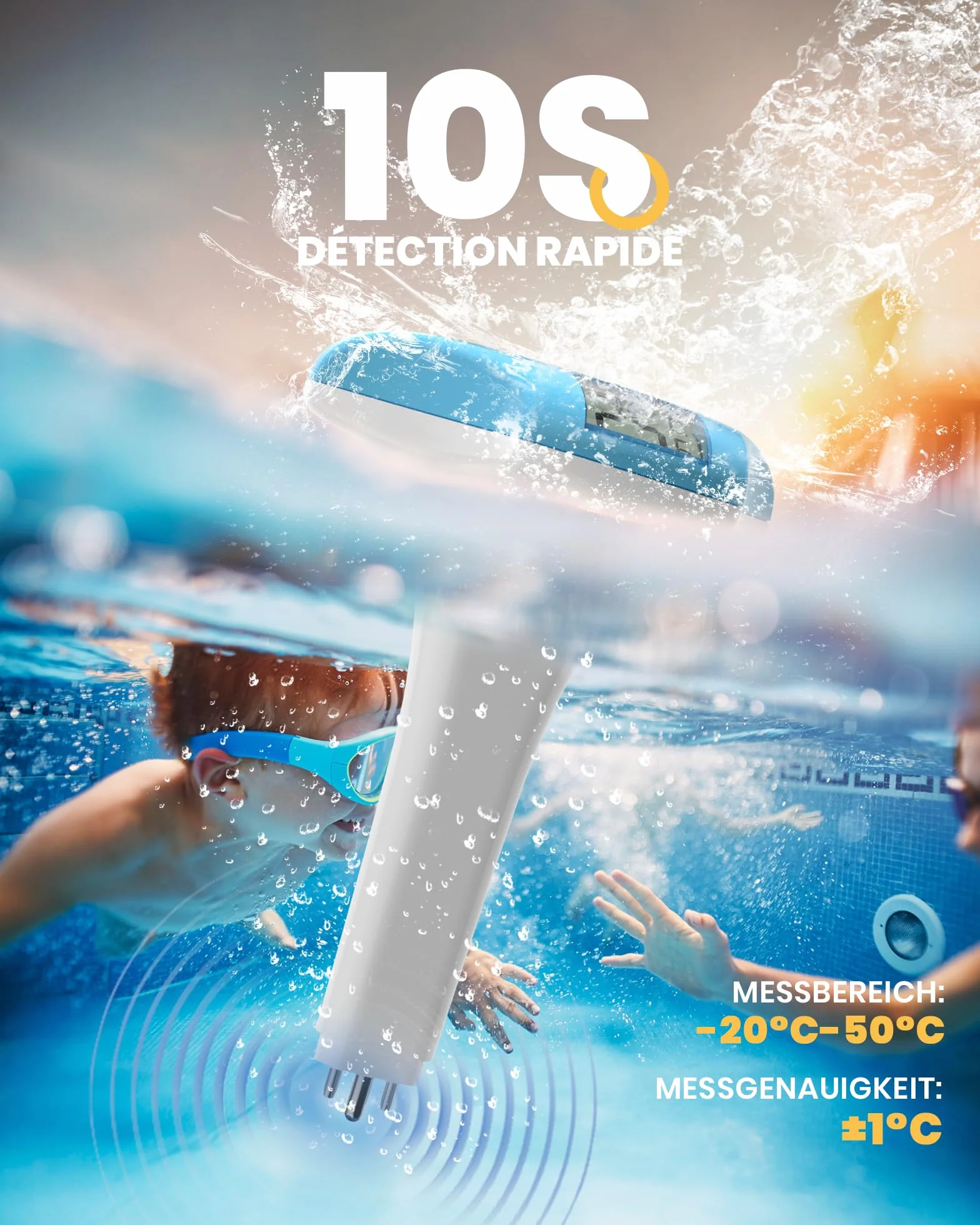 Baldr Solaire Thermomètre Piscine Flottant, Grand Écran LCD Numérique, IPX8, Étanche