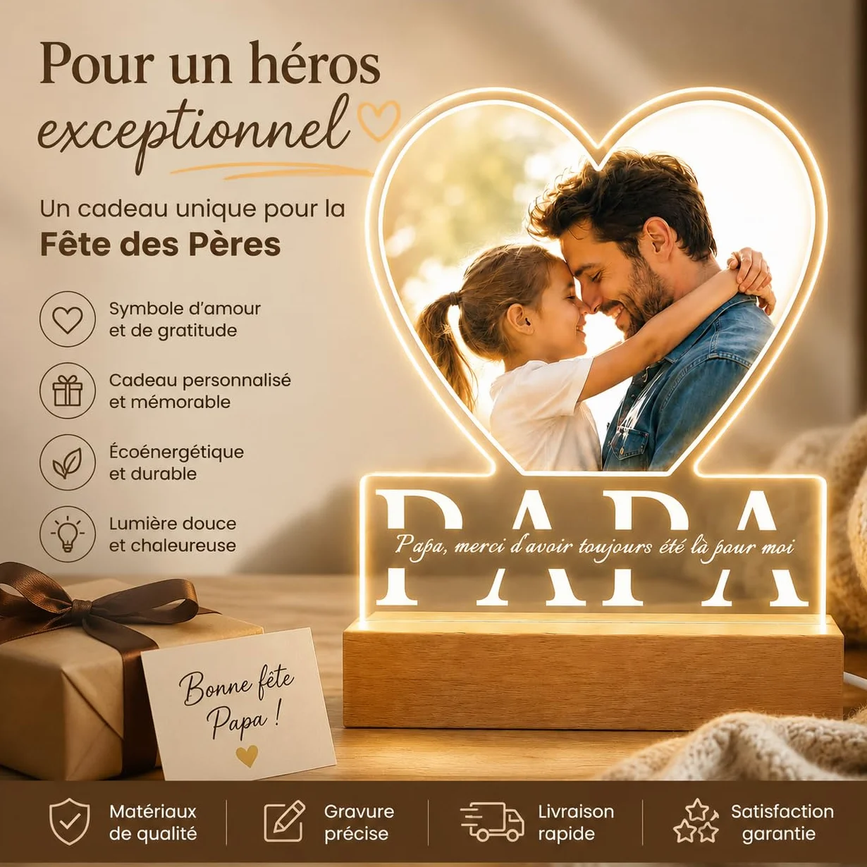Plaque Personnalisée pour Papa – Lampe Photo Acrylique LED avec Cadre Photo, Cadeau Fête des Pères