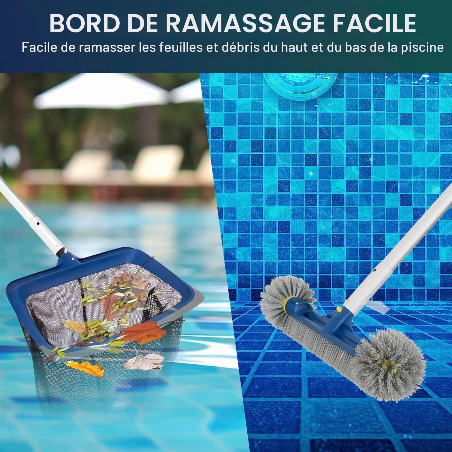 POOLAZA Kit de nettoyage de piscine - Filet de skimmer à mailles fines et brosse de 45 cm