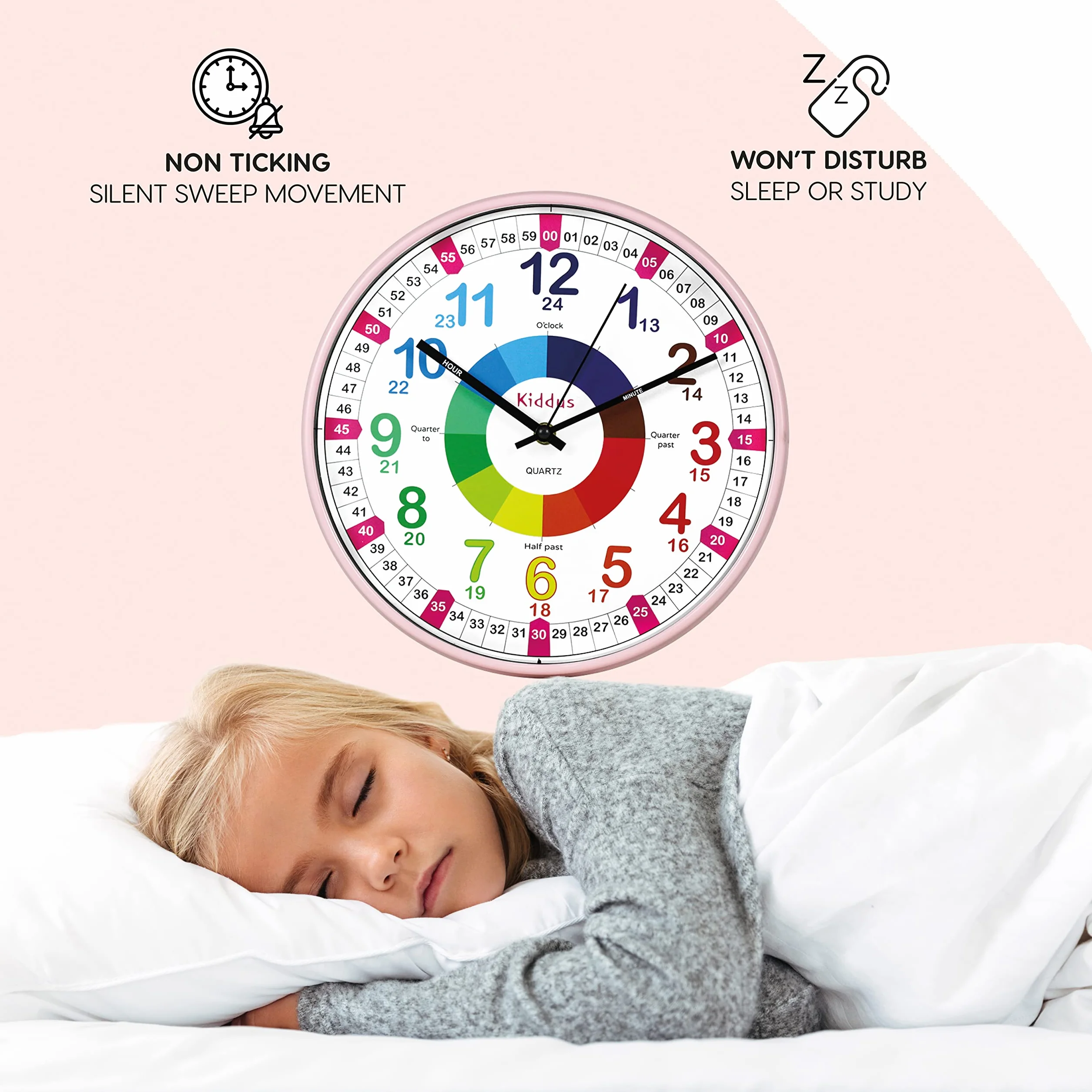 Kiddus Horloge Murale Éducative pour Enfants 30 cm Time Teacher Analogique Quartz Silencieux