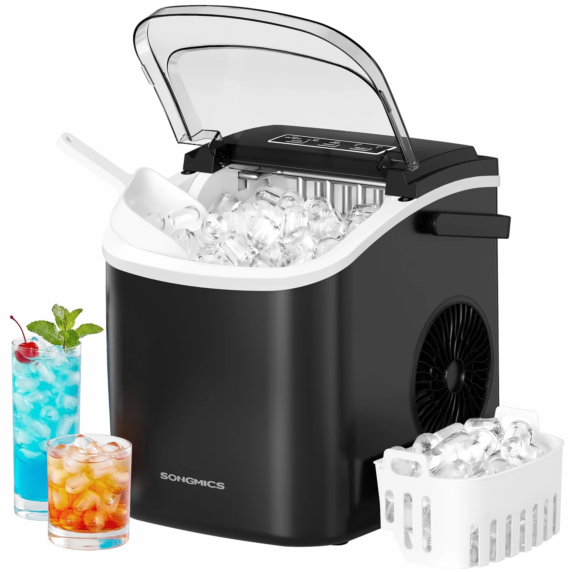 SONGMICS Machine à Glaçons de Comptoir, Auto-Nettoyage, 9 Glaçons en 6 Min, 2 Tailles, 12 kg/24h, Portable, Noir