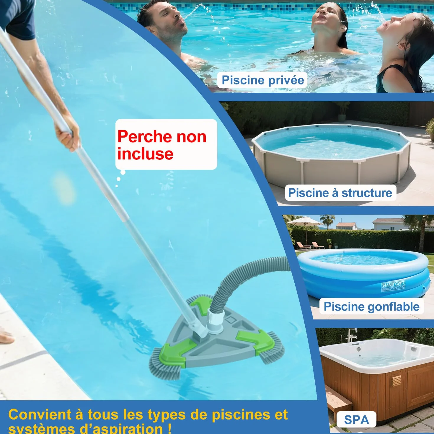 Brosse Piscine Triangle 35cm Raccord Aspiration 32/38mm pour Piscine Hors Sol & Enterrée
