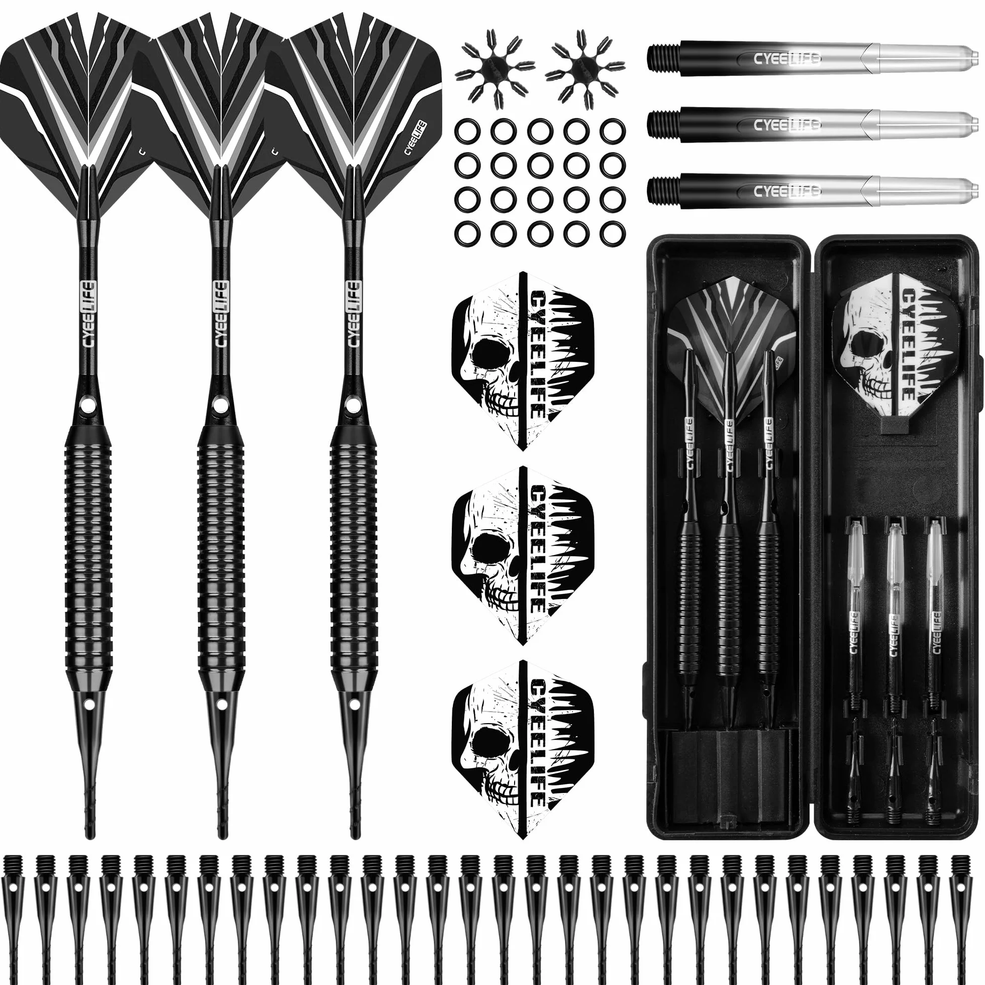 CyeeLife Jeu de fléchettes à pointe souple avec fût en laiton, fléchettes professionnelles à pointe plastique, tiges en aluminium/PC + 6 ailettes + 30 pointes souples + 20 joints toriques + 2