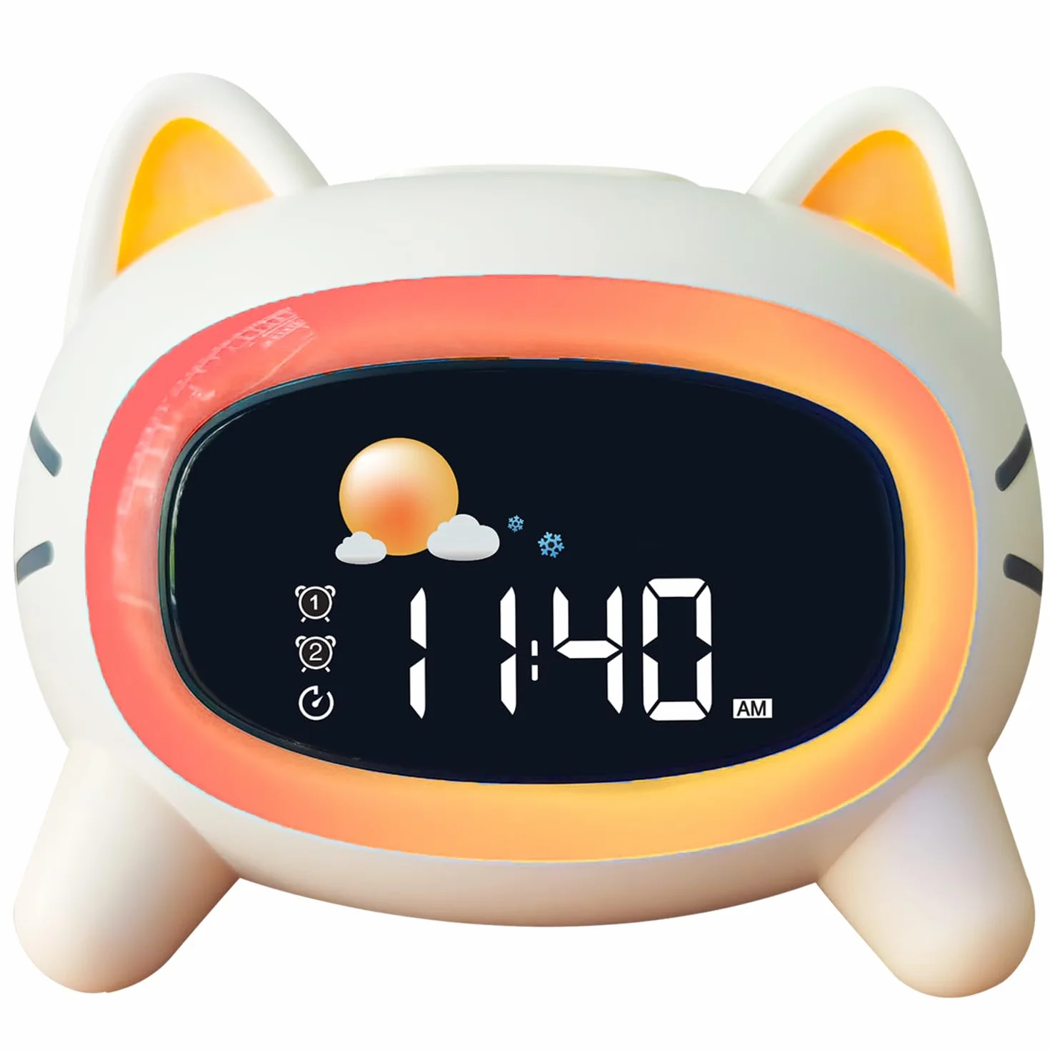 Réveil Enfant éducatif Jour/Nuit avec 2 Réveils Alarmes - Mode Weed-End - Veilleuse - Son de Sommeil - Rechargeable