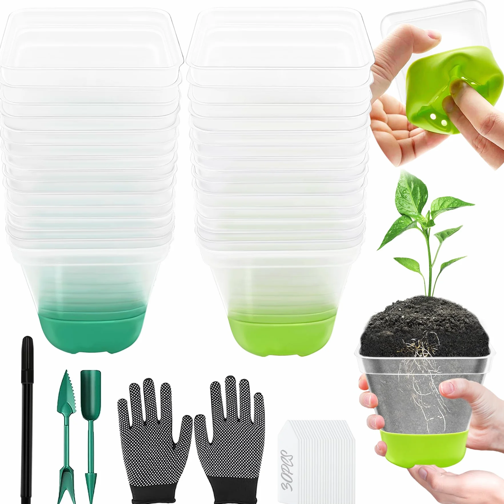 TZEKING 30 Pièces Pots pour Semis Transparents avec Base en Silicone Réutilisable avec Trous de Drainage