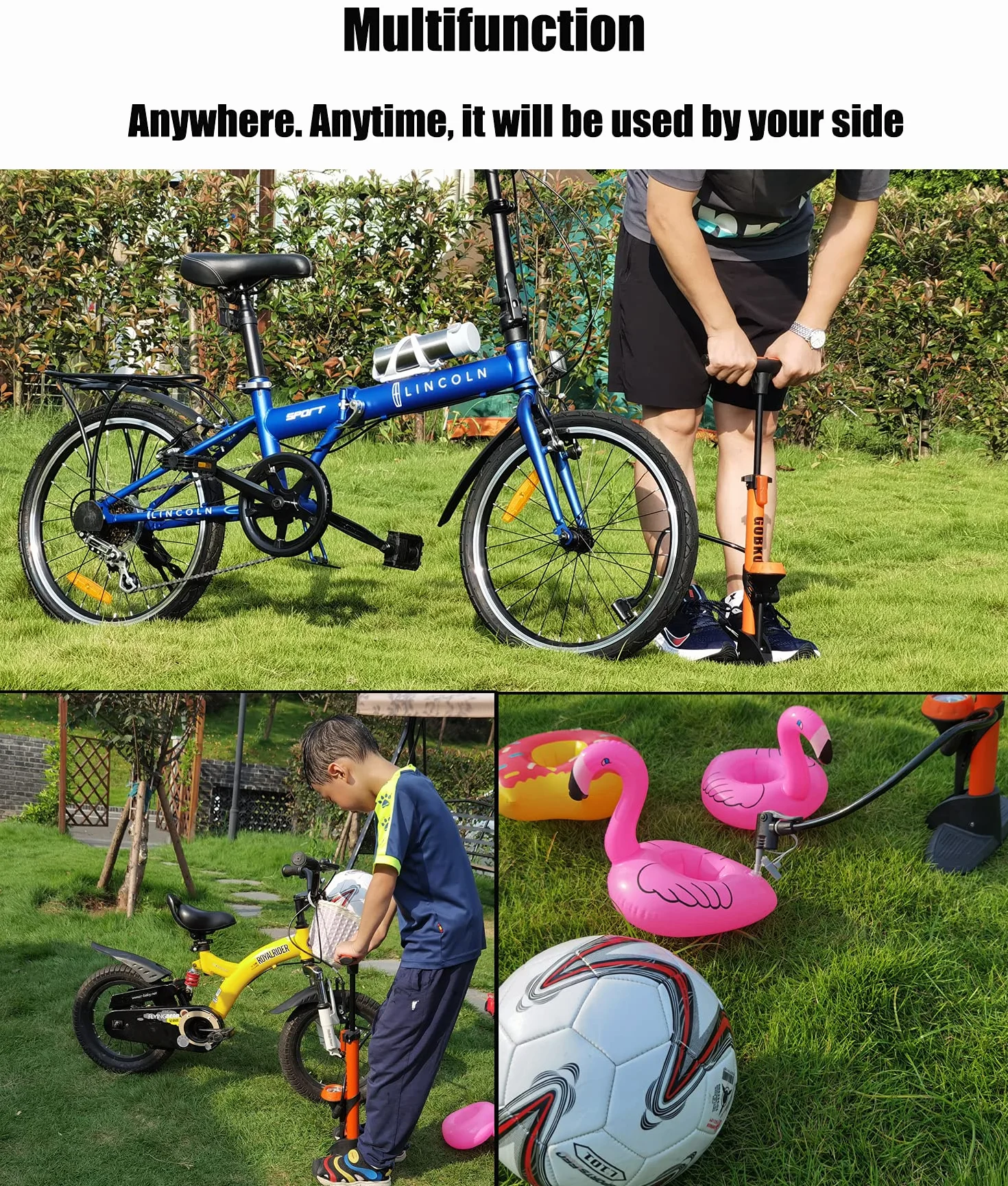 Pompe à Pied pour vélo GOBKO, Pompe à air au Sol, Pompe à vélo avec Grand manomètre pour Affichage de la Pression, Double tête adaptée à Toutes Les vannes