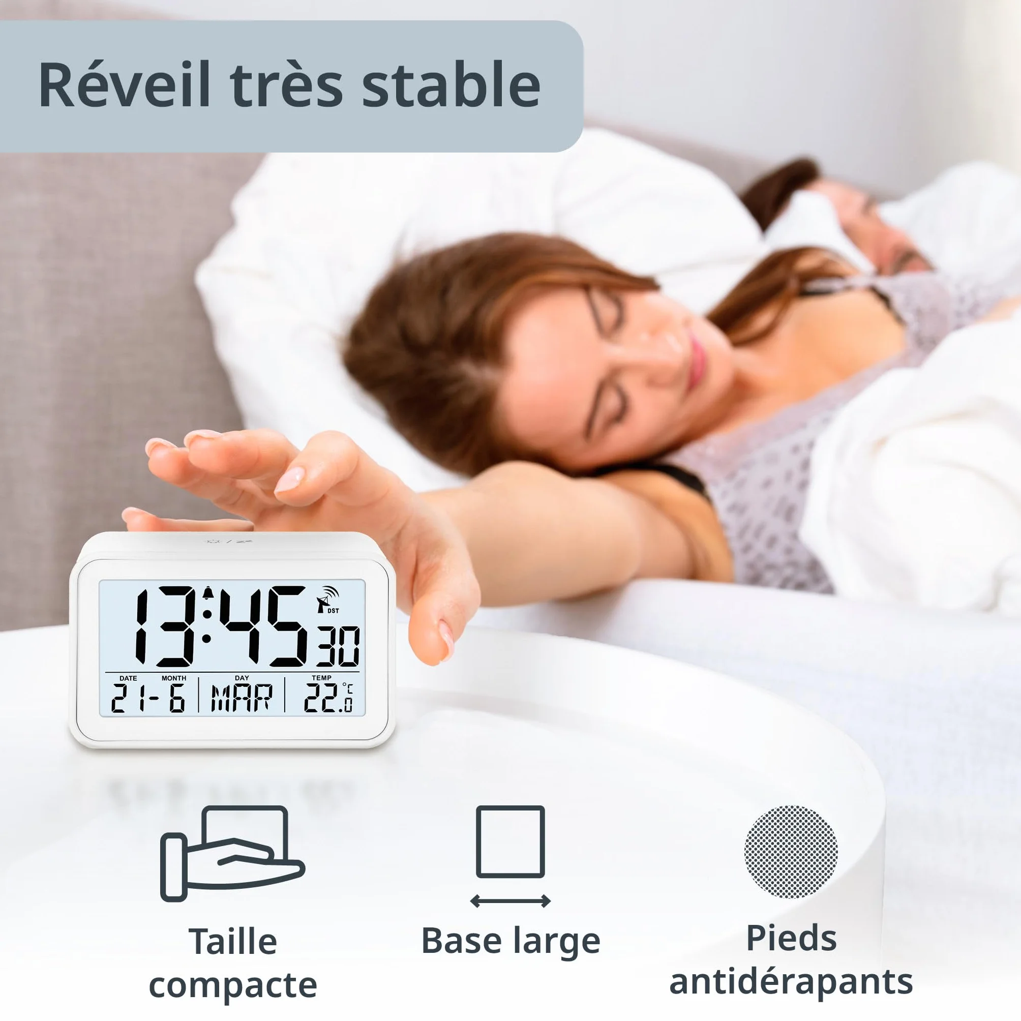 ADE Reveil Matin Radio pilotée Horloge numérique Voyage Affichage température Date Blanc Mat avec Pile