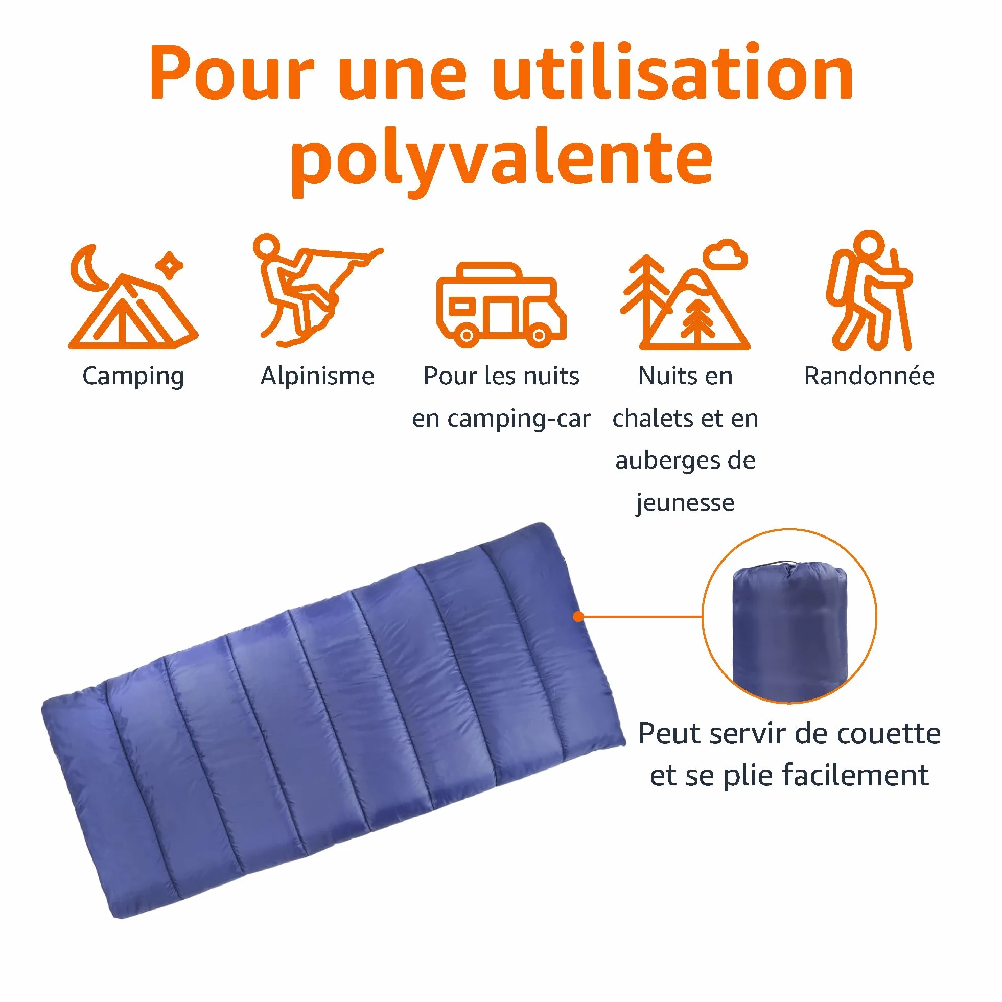 Amazon Basics Sac de Couchage Léger 4 Saisons Camping Randonnée 190 x 83 cm Bleu