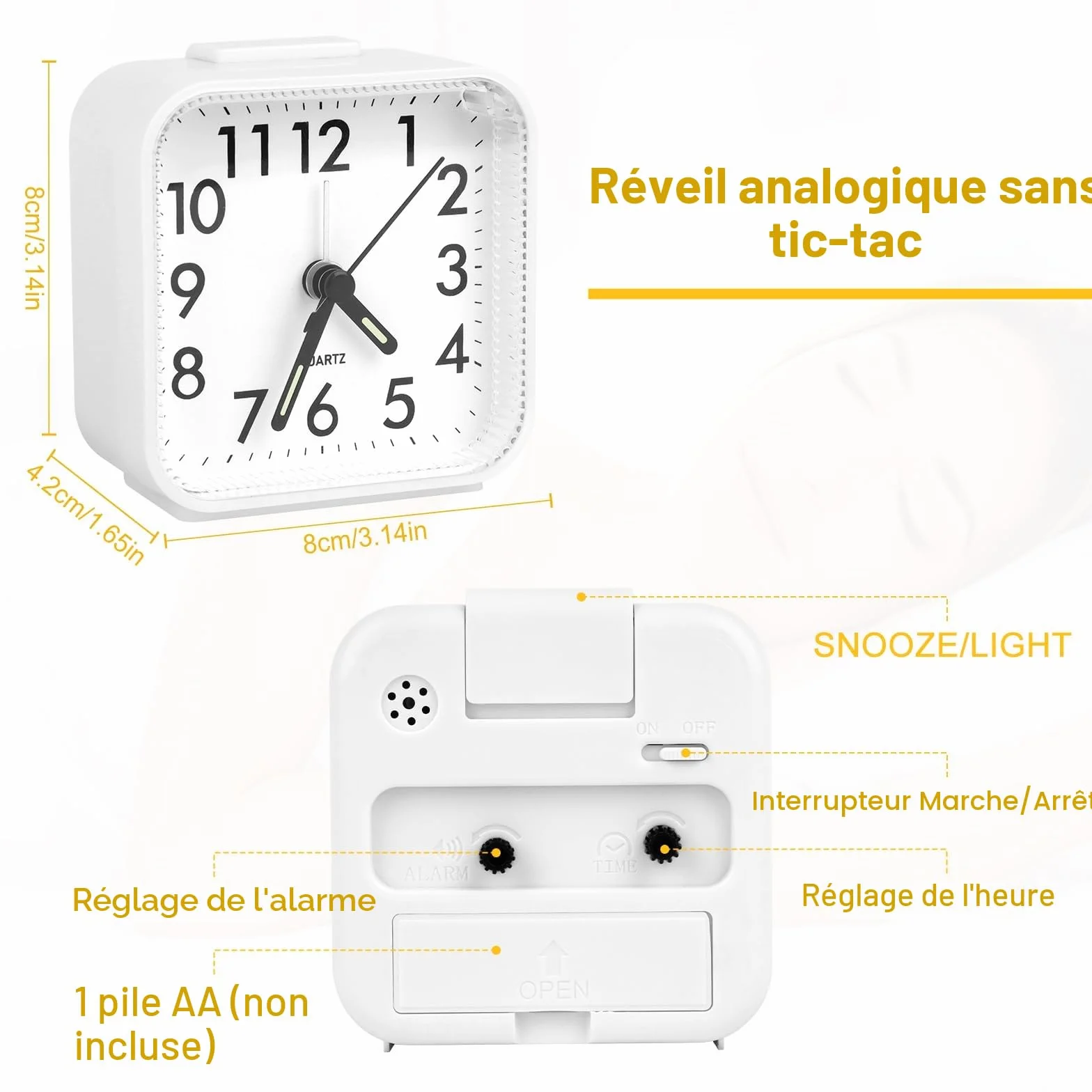 Réveil Analogique Silencieux à Quartz avec Snooze et Lumière, Portable Voyage à Piles