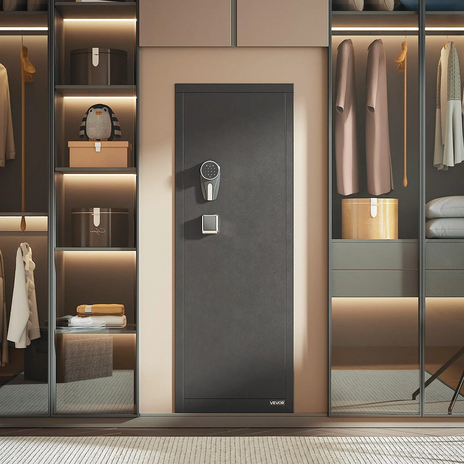 VEVOR Armoire à 8-10 Fusils, Coffre-Fort pour Armes à Feu Verrouillage par Empreinte Digitale et Mot de Passe et Clés, avec 3 Poches pour Pistolets et Supports Réglables, Accès Rapide, pour Domicile