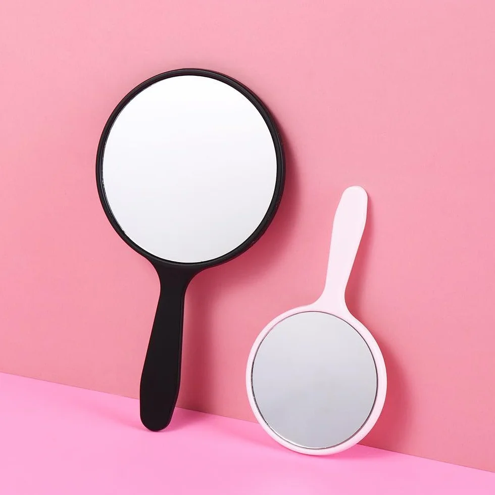 Miroir à main rond avec poignée maquillage portable rose femme