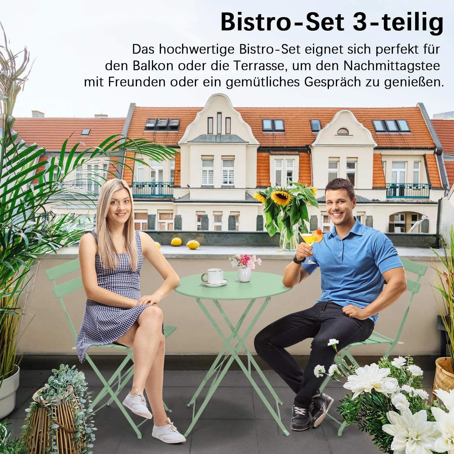 LIFERUN Salon de Jardin Bistrot Pliable, Set de Bistrot en Métal, Table et 2 Chaises Pliantes, 3 Pièces, Vert