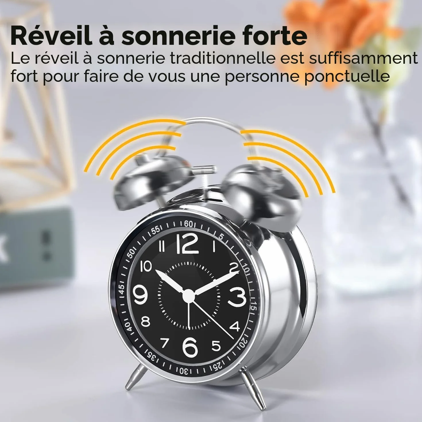 Réveil analogique rétro en métal à double cloche pour les dormeurs profonds, sans tic-tac, avec éclairage de nuit