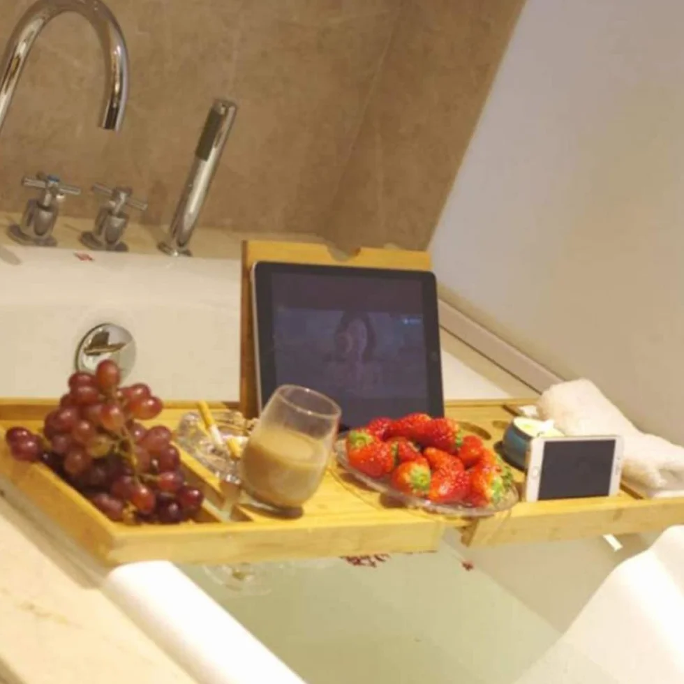 Plateau de Bain en Bambou Extensible 75-109cm avec Rangement et Porte-Savon