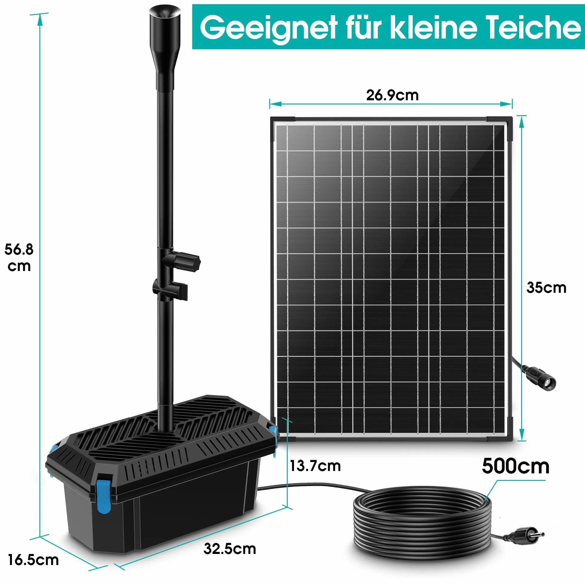 Pompe de Fontaine Solaire 20W 875L/H avec Régulateur et 4 Buses, Câble 5m pour Bassin et Cascade