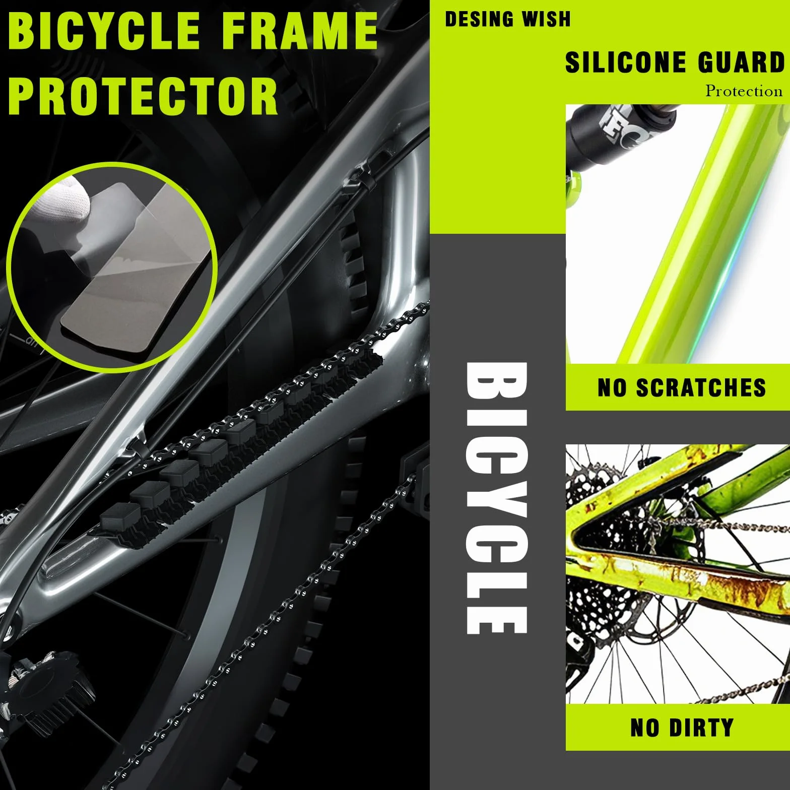 Protection Cadre Velo Silicone Adhésif Anti-Rayures pour Chaine et Tube Inférieur Film Protecteur Résistant Noir pour VTT Route E-Bike VTC Accessoire Protection