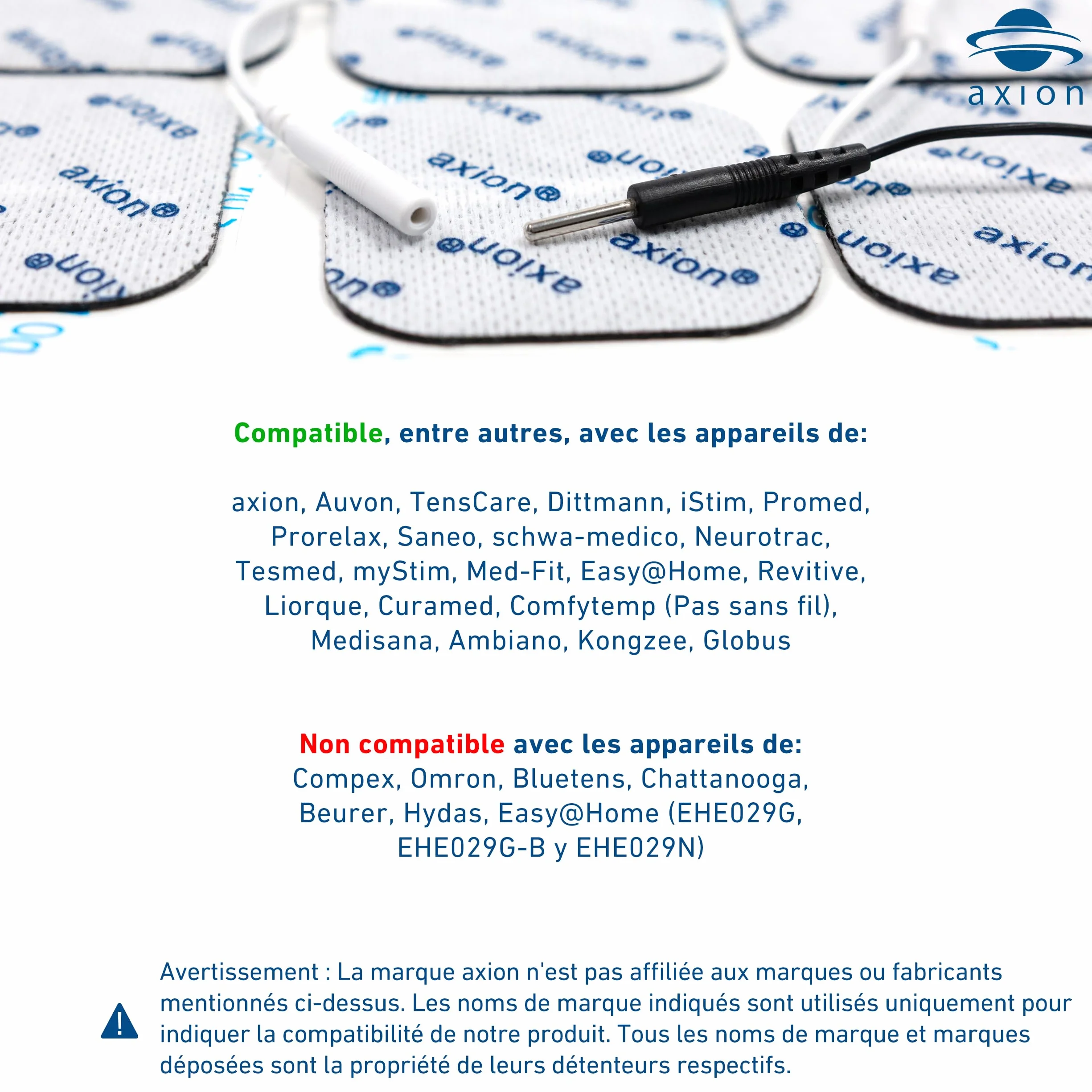 16 électrodes axion | Patchs 10x5 cm et 5x5 cm pour électrostimulateur TENS et/ou EMS réutilisables et autocollants avec connexion filaire de 2 mm