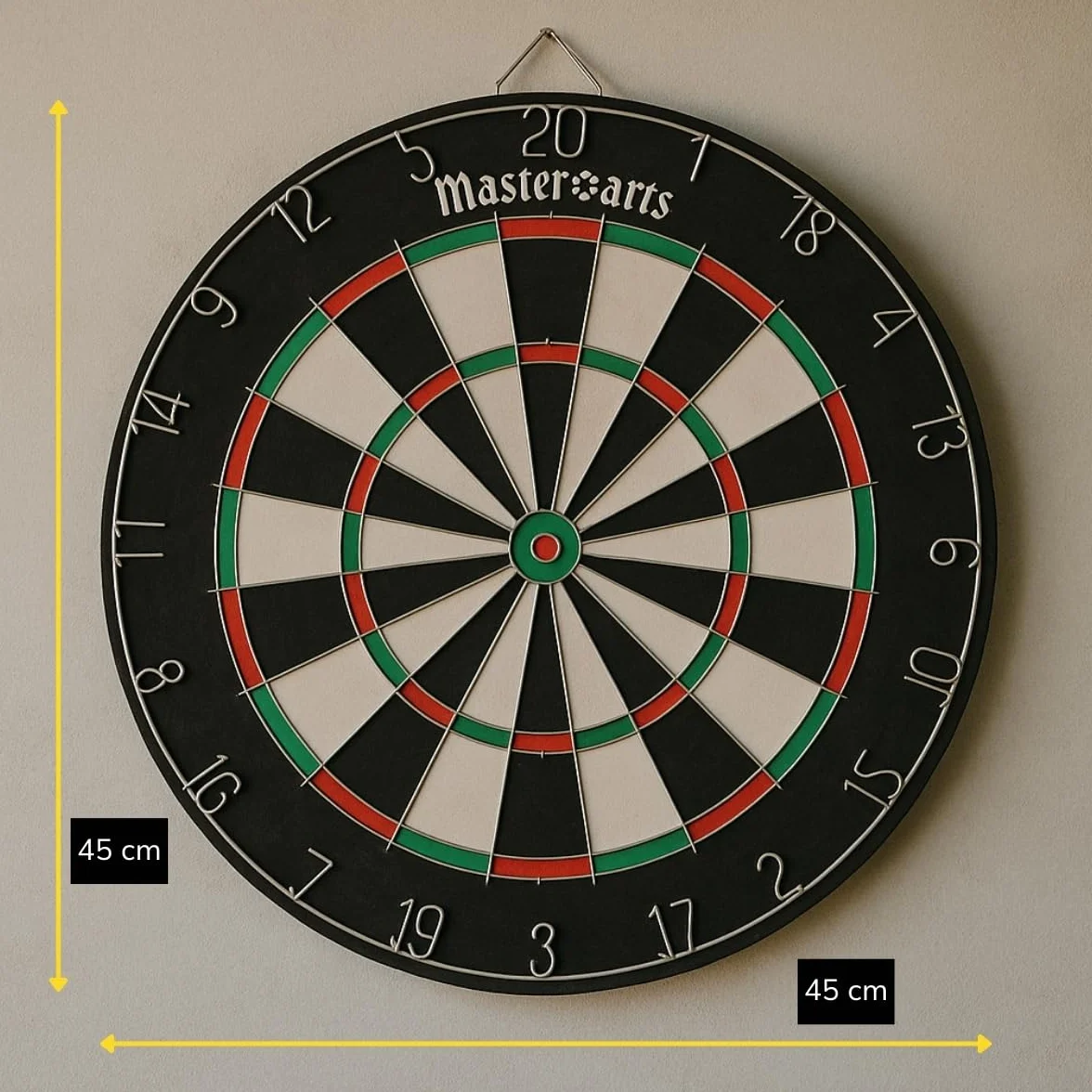 MasterArts Cible Fléchette – Jeu de Flechette 45 cm – avec 6 Projectiles À Pointe Métallique – Cible Double‑Face – avec Crochet De Suspension – Amusement chez Soi Ou Pub