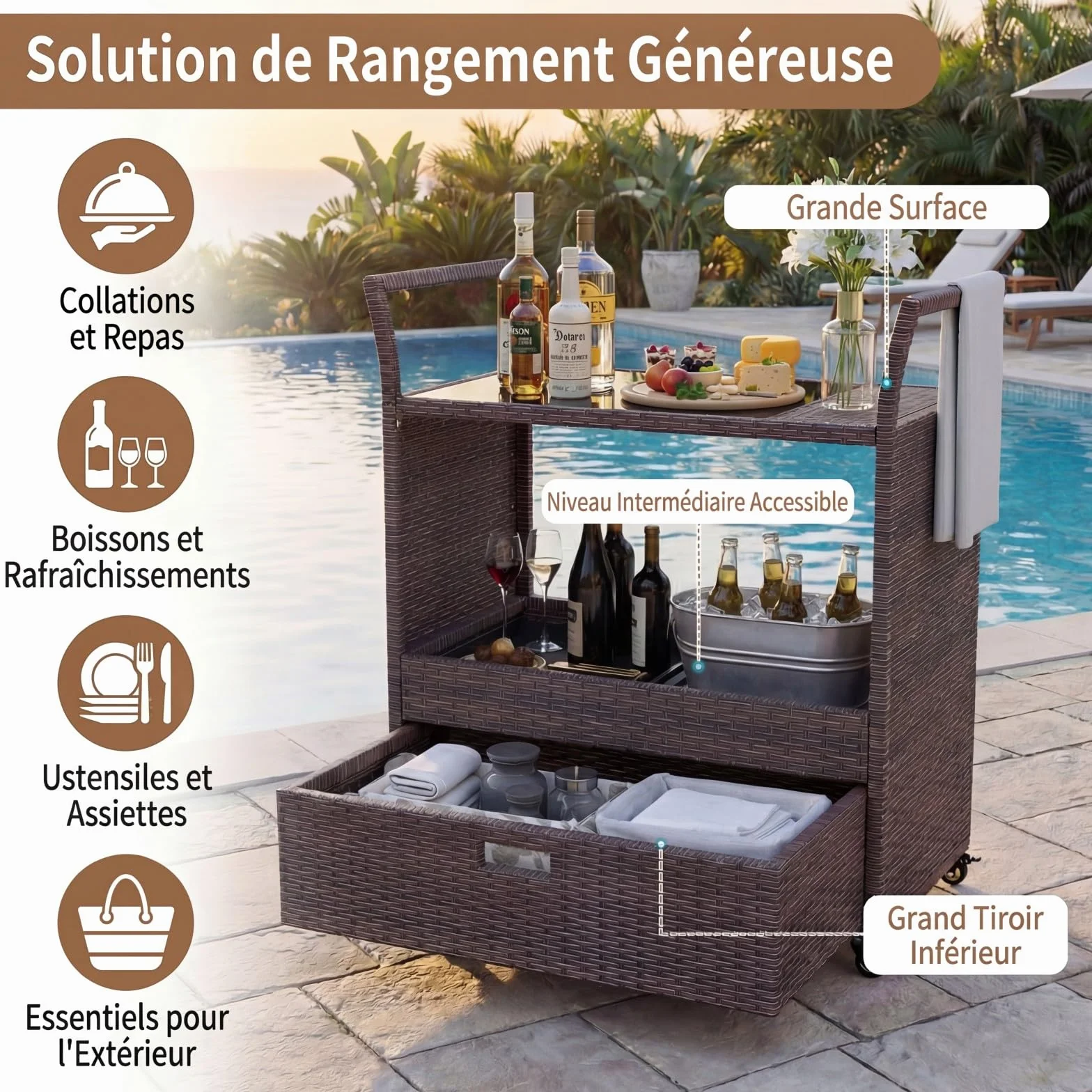 SOARS Desserte Exterieur Rotin PE Chariot Plancha Roulettes Plateau Verre Barbecue Jardin Patio