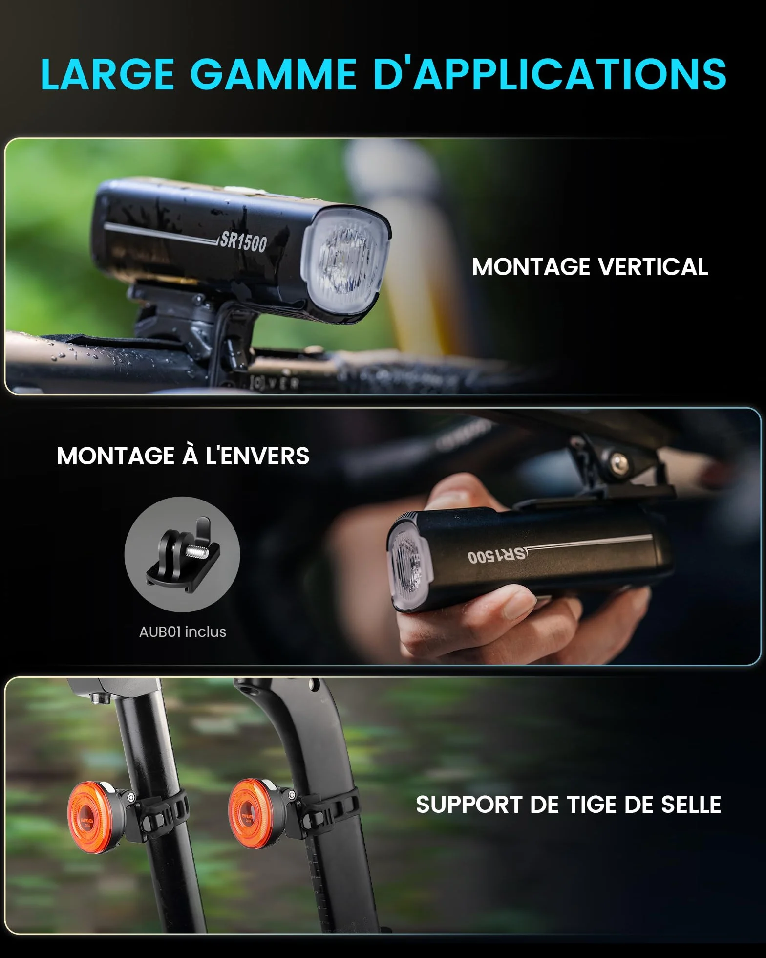 RAVEMEN SR1500 Kit de Feux Avant et Arrière pour Vélo,Combinaisons de Phares Avant et Arrière Intelligents de 1500 Lumens Rechargeable par USB C pour Le Cyclisme sur Route, en Montagne et en Ville